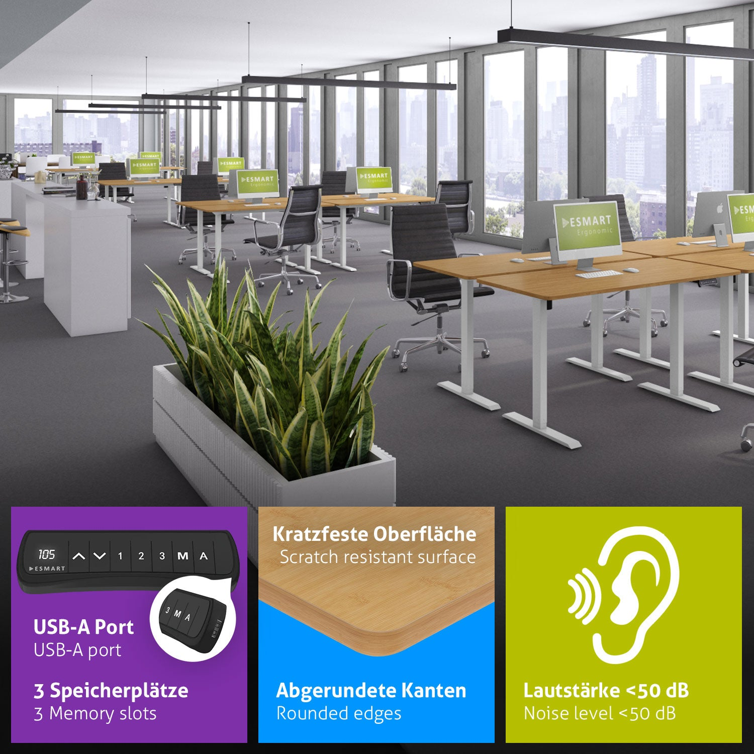 Ein Büro mit Schreibtischen, Stühlen, Computern und Pflanzen. Informationsboxen zeigen Funktionen wie USB-Anschluss, kratzfeste Oberfläche und geringe Geräusche.