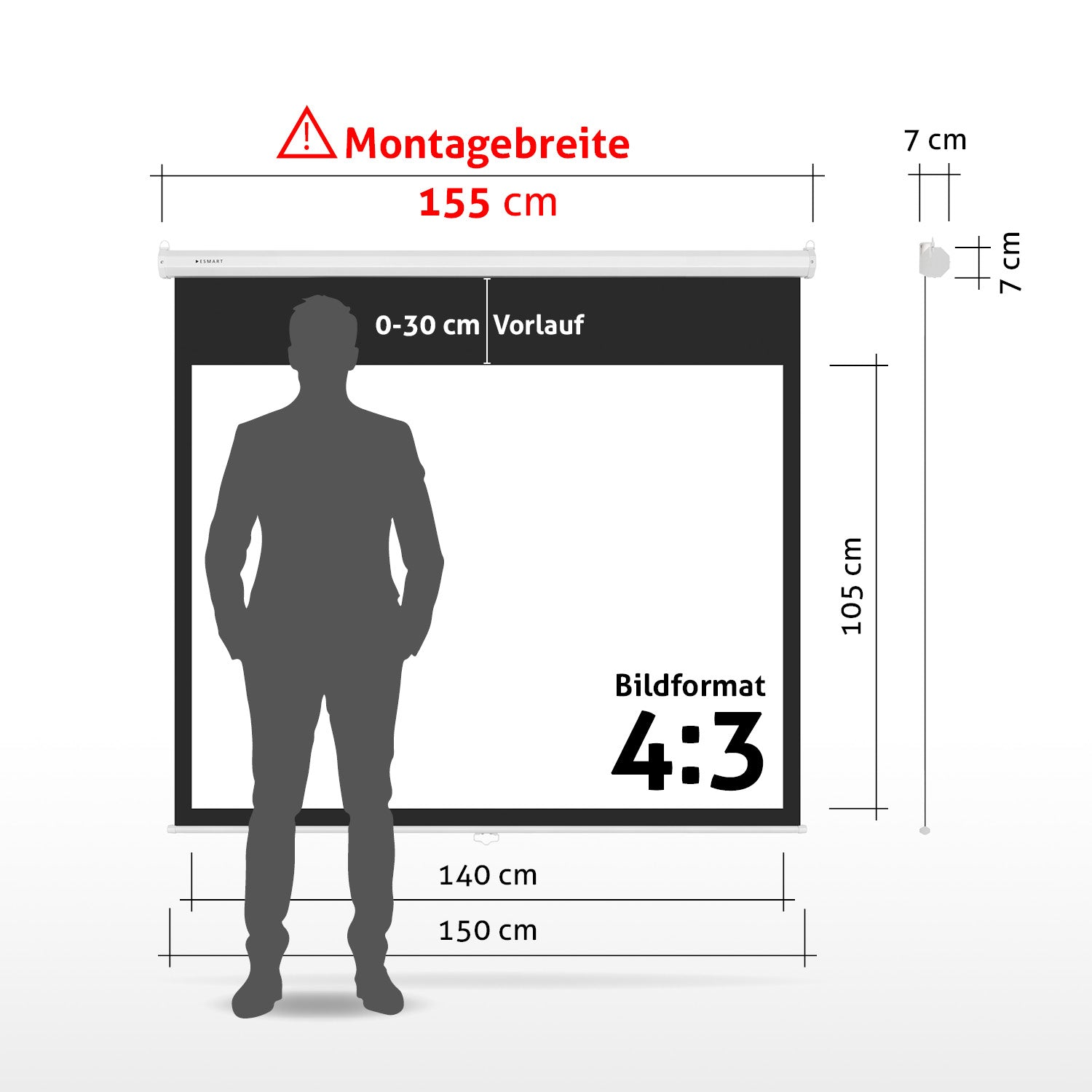 Diagramm einer Projektorleinwand mit Maßen und einer Personensilhouette.