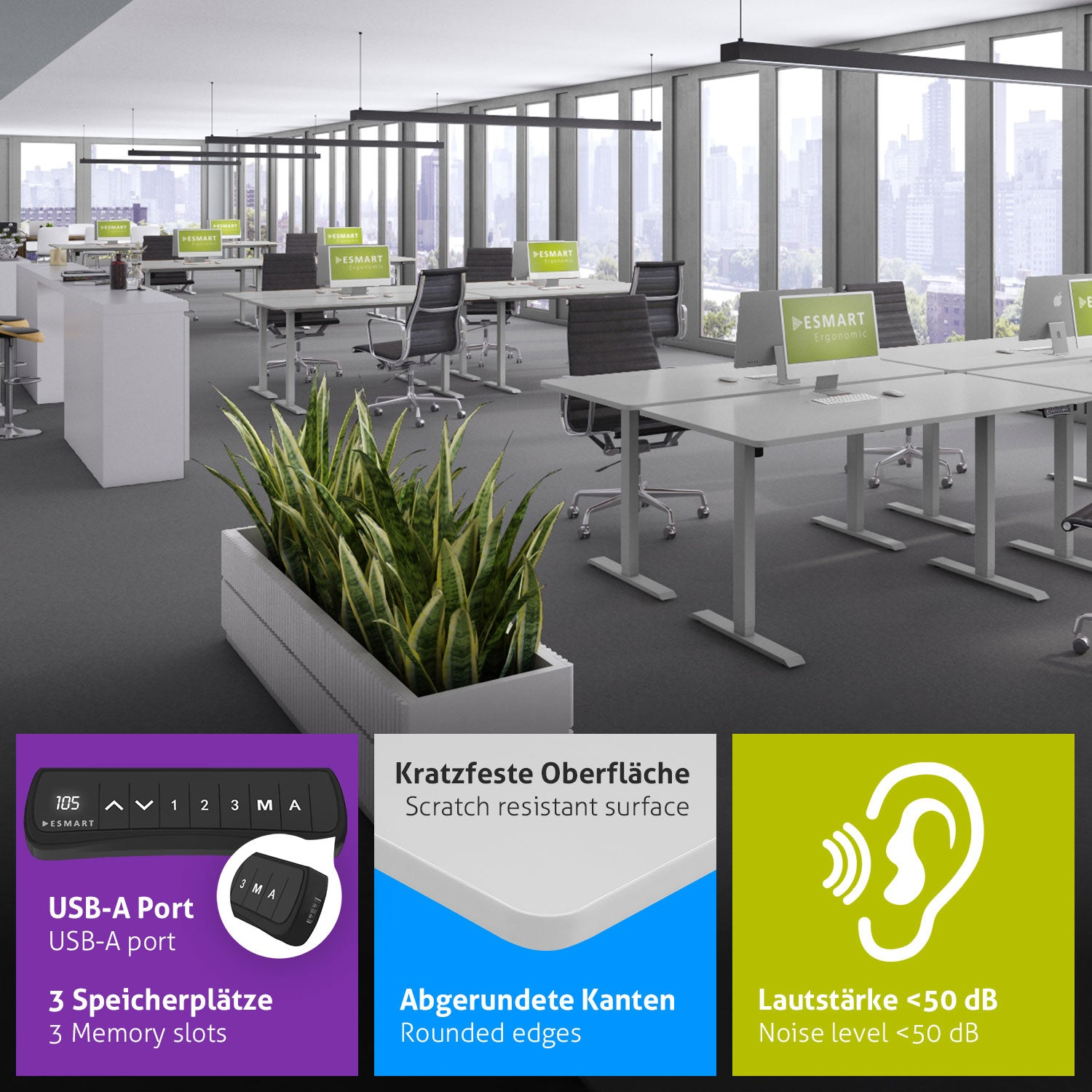 Ein Büro mit Schreibtischen, Stühlen und Computern. Ein Pflanzkasten im Vordergrund. Drei Infoboxen mit Text. Stadtblick durch Fenster.
