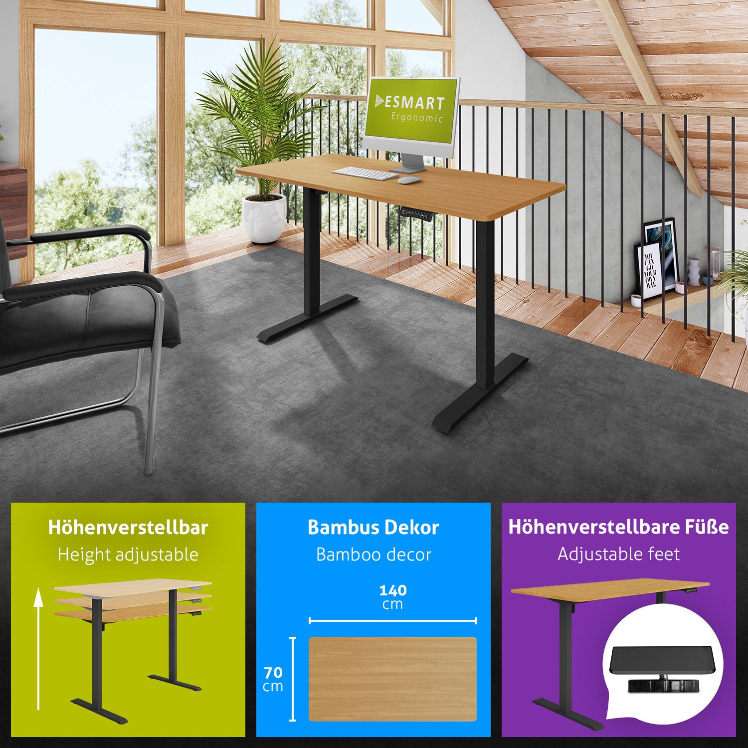 Ein höhenverstellbarer Bambus-Schreibtisch mit Computer, Stuhl und Pflanze. Im Hintergrund Fenster und ein Dachboden.