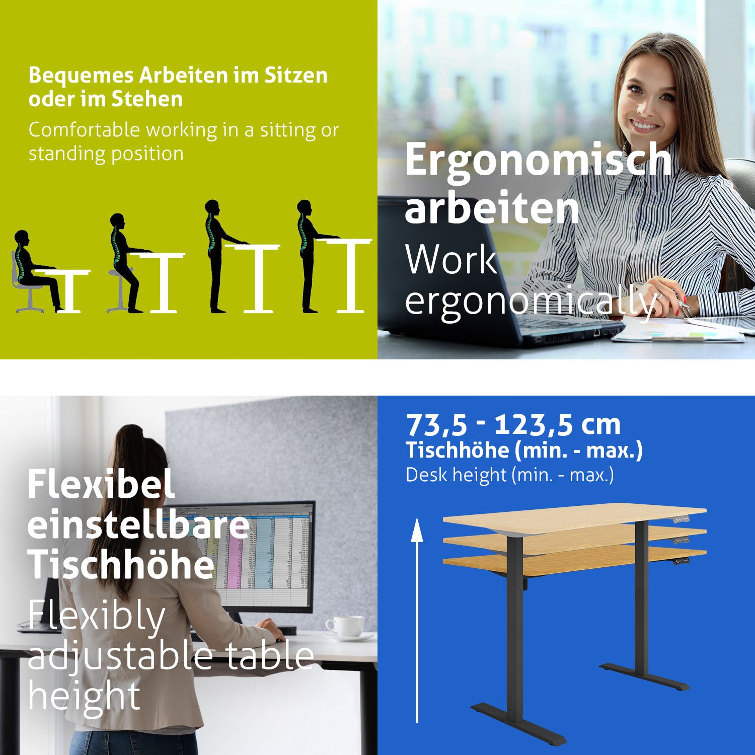Das Bild zeigt ergonomisches Arbeiten. Es enthält Illustrationen von Sitzen/Stehen, eine Frau am Schreibtisch, einen höhenverstellbaren Tisch und Text.