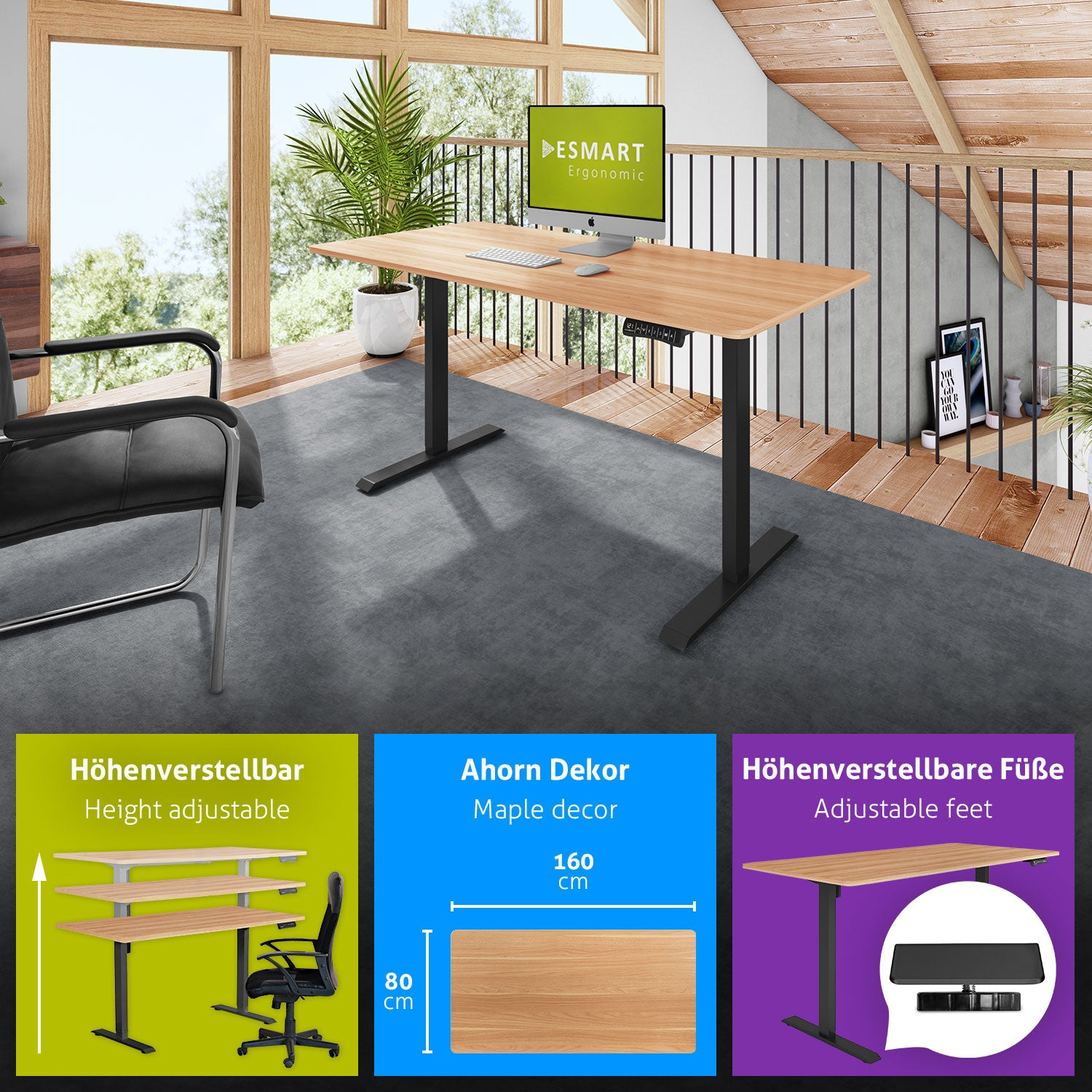 Ein höhenverstellbarer Ahorn-Schreibtisch mit Monitor, Pflanze und Stuhl. Infotafeln zeigen Abmessungen und Funktionen: verstellbare Füße.