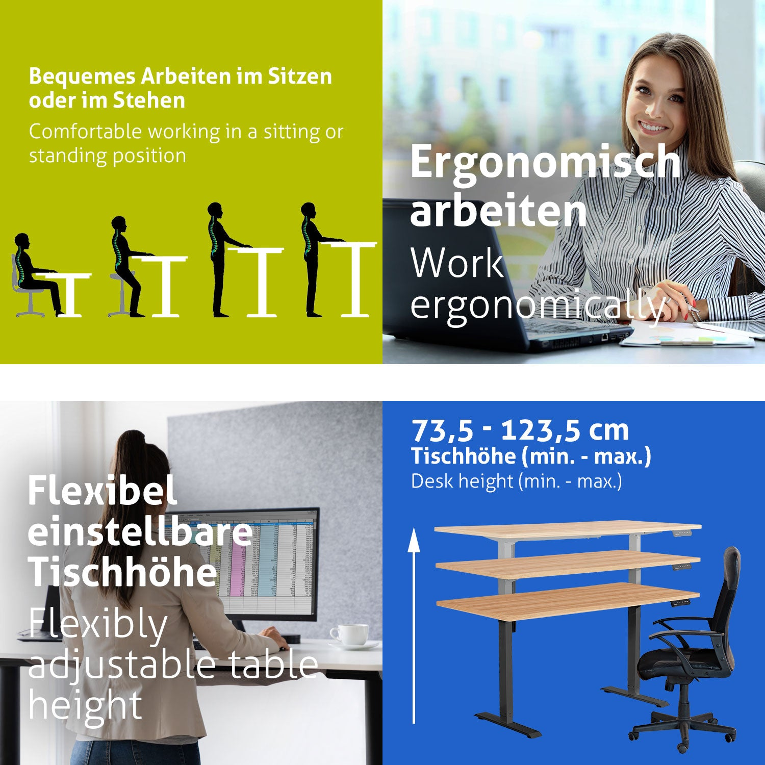 Das Bild zeigt ergonomische Büroeinrichtung: arbeitende Menschen, verstellbarer Schreibtisch und Text über Sitz-/Steharbeitsplätze.