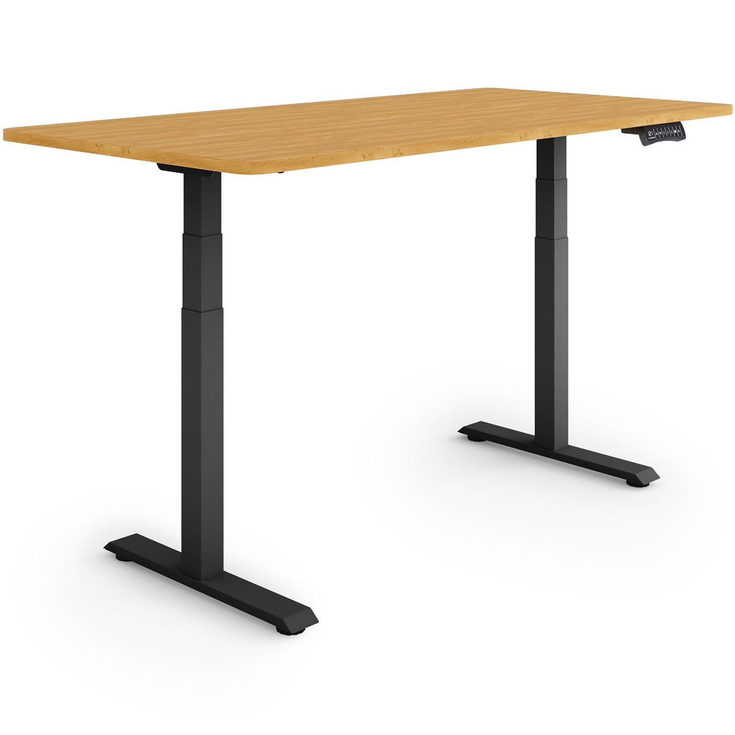 Ein höhenverstellbarer Schreibtisch mit hellbrauner Holzplatte und schwarzen Beinen. Der Schreibtisch hat ein Bedienfeld.