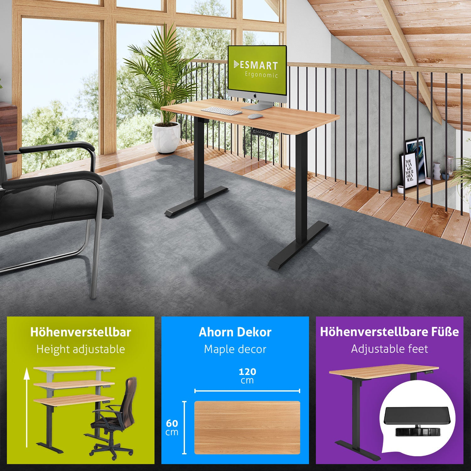 Ein moderner Büroraum mit höhenverstellbarem Schreibtisch, Computer und schwarzem Stuhl. Der Hintergrund zeigt ein Fenster.