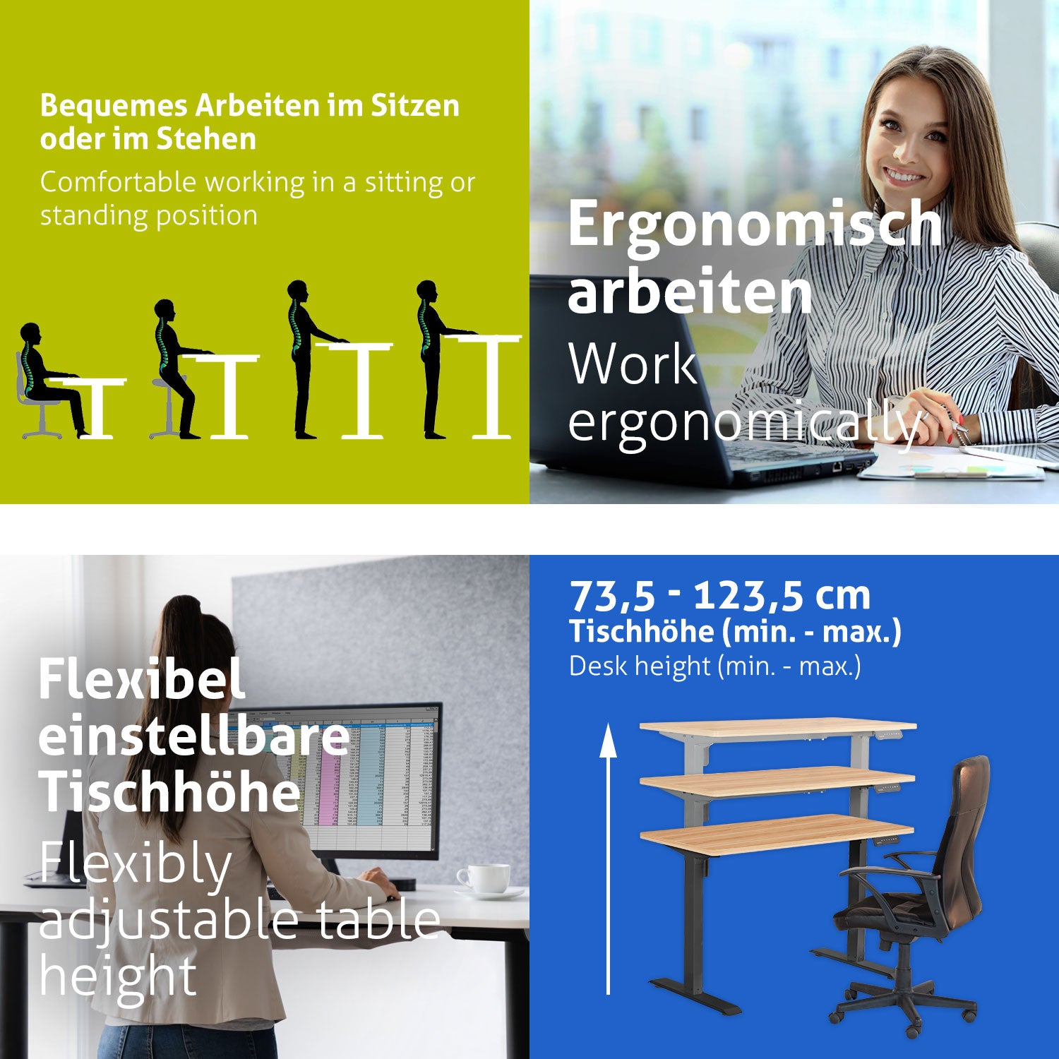 Das Bild zeigt ergonomisches Arbeiten, verstellbare Tischhöhe und Schreibtischhöhenbereich. Text auf Deutsch und Englisch.