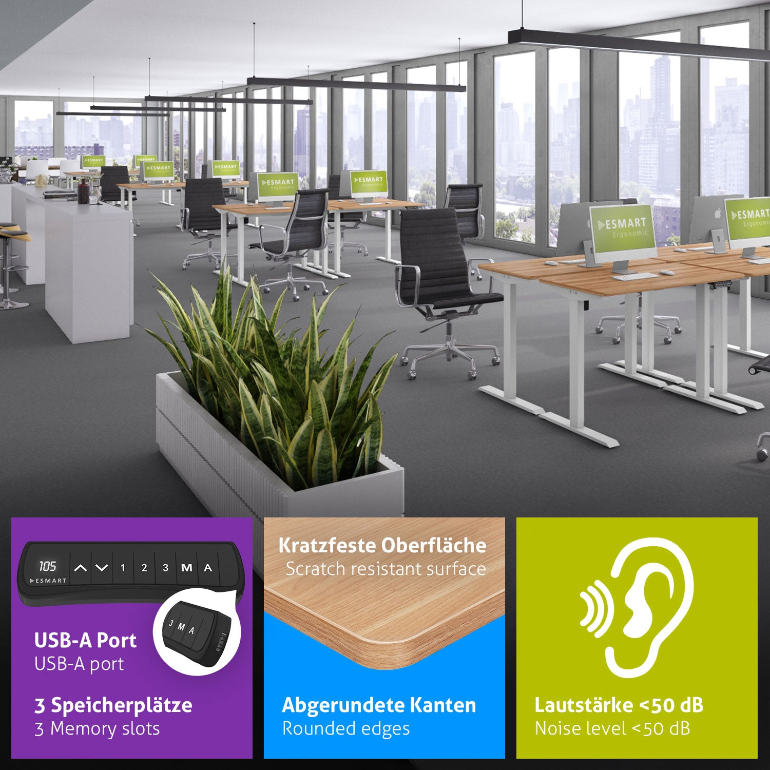 Ein Büro mit Schreibtischen, Stühlen und Computern. Ein Pflanzgefäß mit Pflanzen befindet sich im Vordergrund. Funktionen werden hervorgehoben.