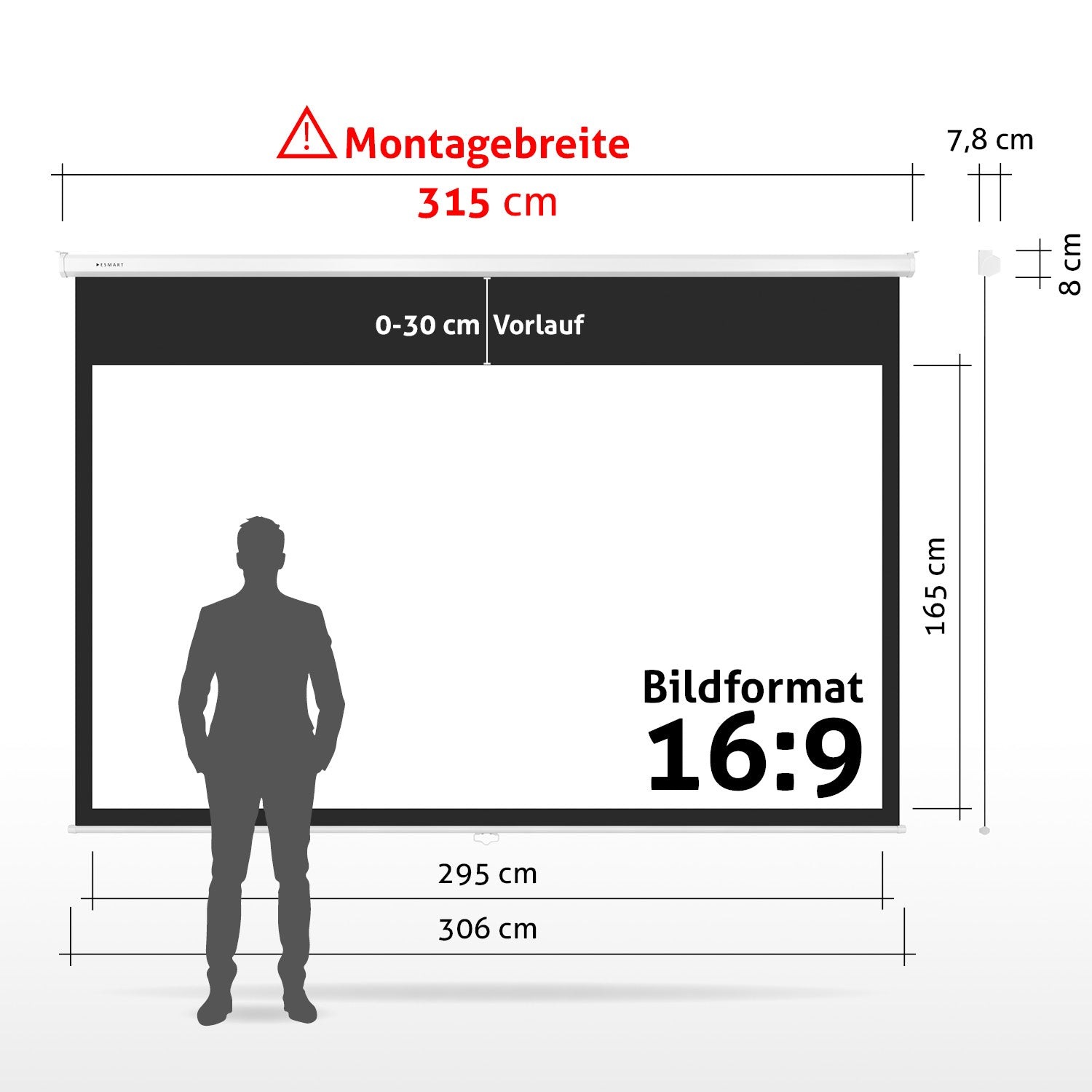 Ein Mann steht vor einer Projektorleinwand mit Abmessungen und Textbeschriftungen. Der Bildschirm hat das Format 16:9.