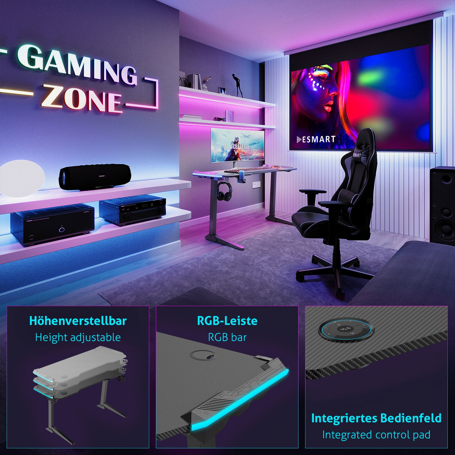 Gaming-Zone mit Neonschild, Schreibtisch, Stuhl, Bildschirm, Lautsprechern und integriertem Bedienfeld. Der Raum hat RGB-Beleuchtung.