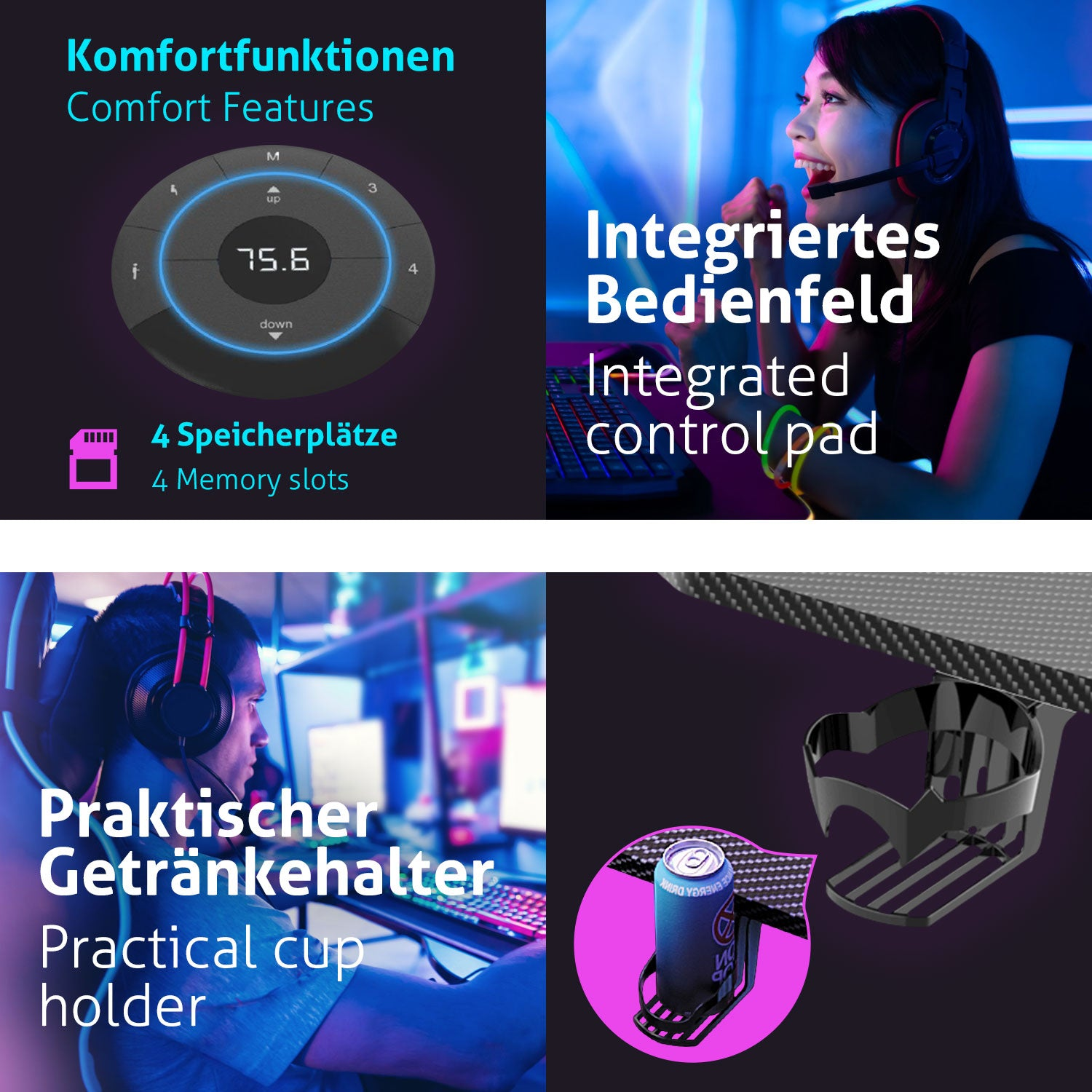 Das Bild zeigt Komfortfunktionen, darunter ein integriertes Bedienfeld, einen praktischen Getränkehalter und einen Gamer mit Kopfhörern.