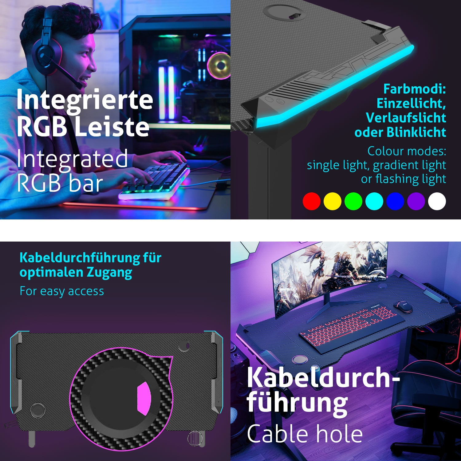 Ein Gamer mit Headset benutzt eine Tastatur auf einem Tisch. Der Tisch hat RGB-Beleuchtung und Kabelführungsfunktionen.