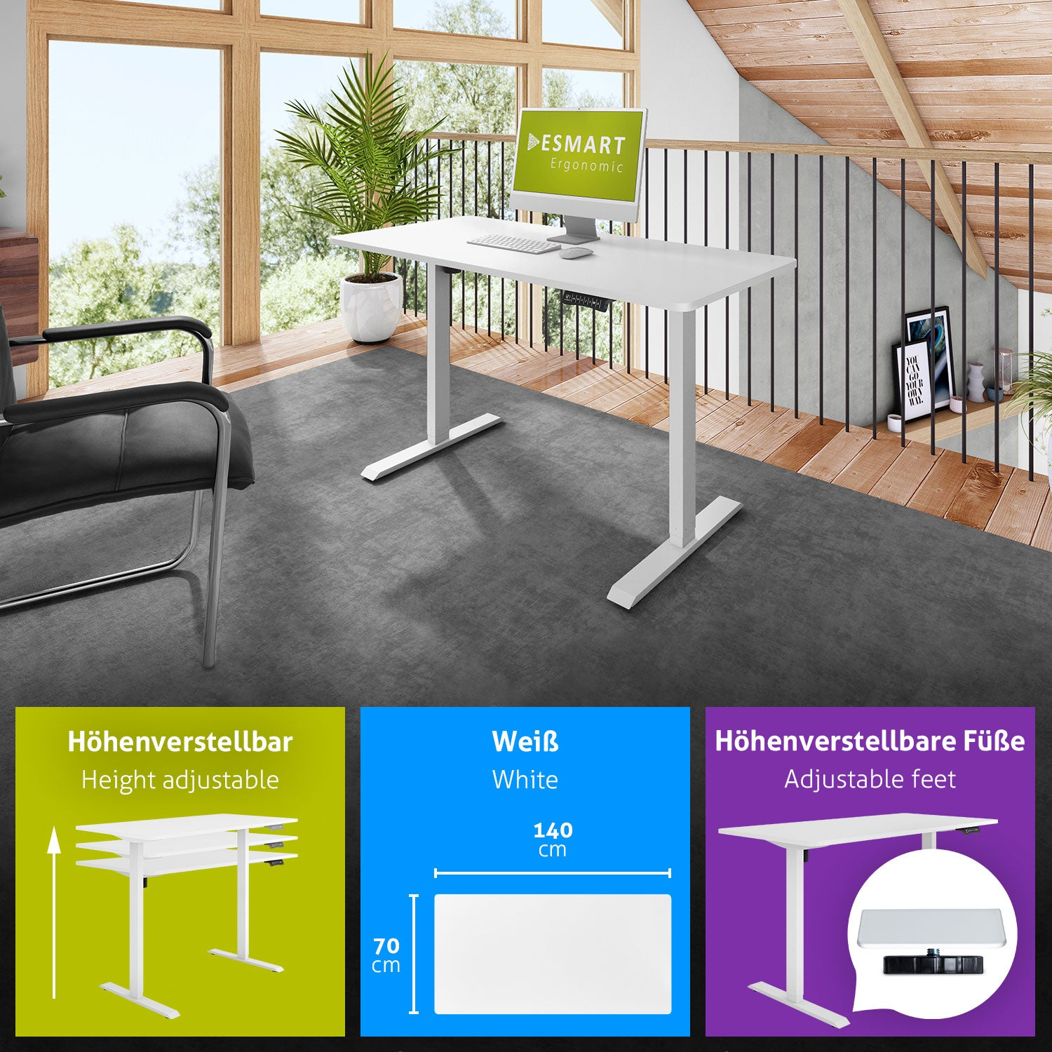 Ein weißer, höhenverstellbarer Schreibtisch in einem hellen Raum mit Fenster, Stuhl und Pflanze. Details des Schreibtischs sind zu sehen.