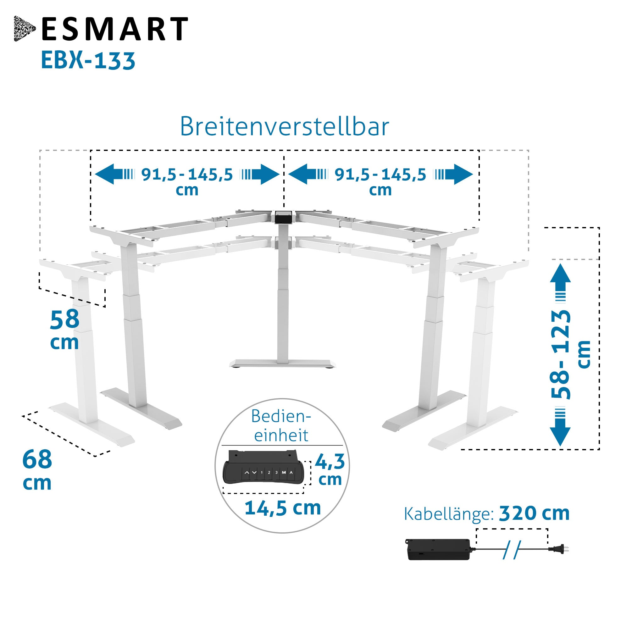 Diagramm eines höhenverstellbaren Schreibtisches. Abmessungen und Maße sind im Bild enthalten. Es hat auch eine Steuereinheit.