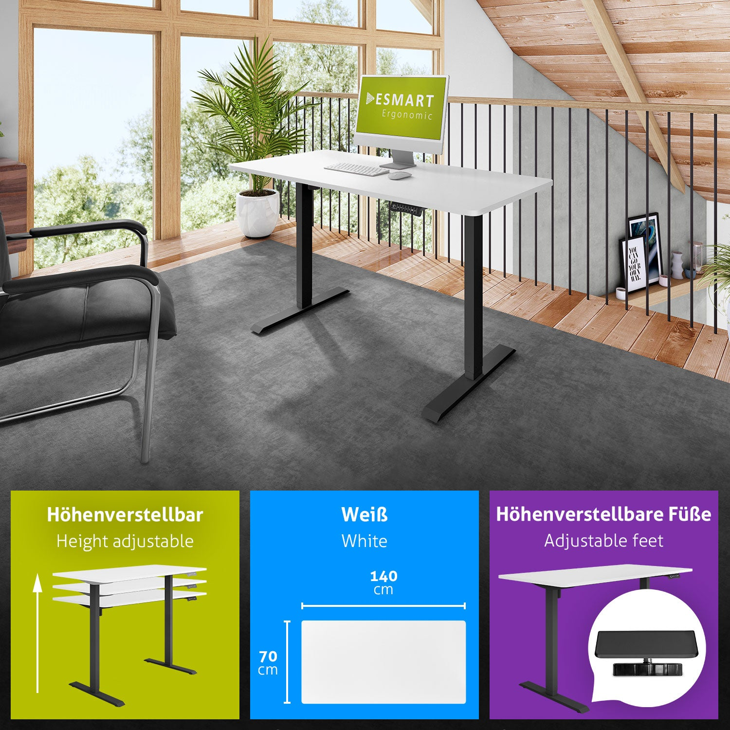 Ein weißer, höhenverstellbarer Schreibtisch mit Computer. Im Hintergrund ein Fenster mit Aussicht und eine Treppe.