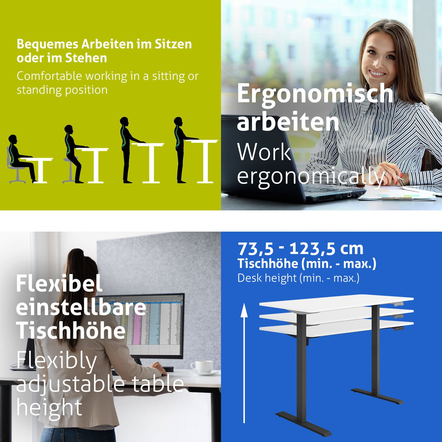 Das Bild zeigt eine Frau, die an einem Schreibtisch arbeitet, mit Text, der ergonomische Vorteile und verstellbare Tischhöhe angibt. Es gibt auch Illustrationen.