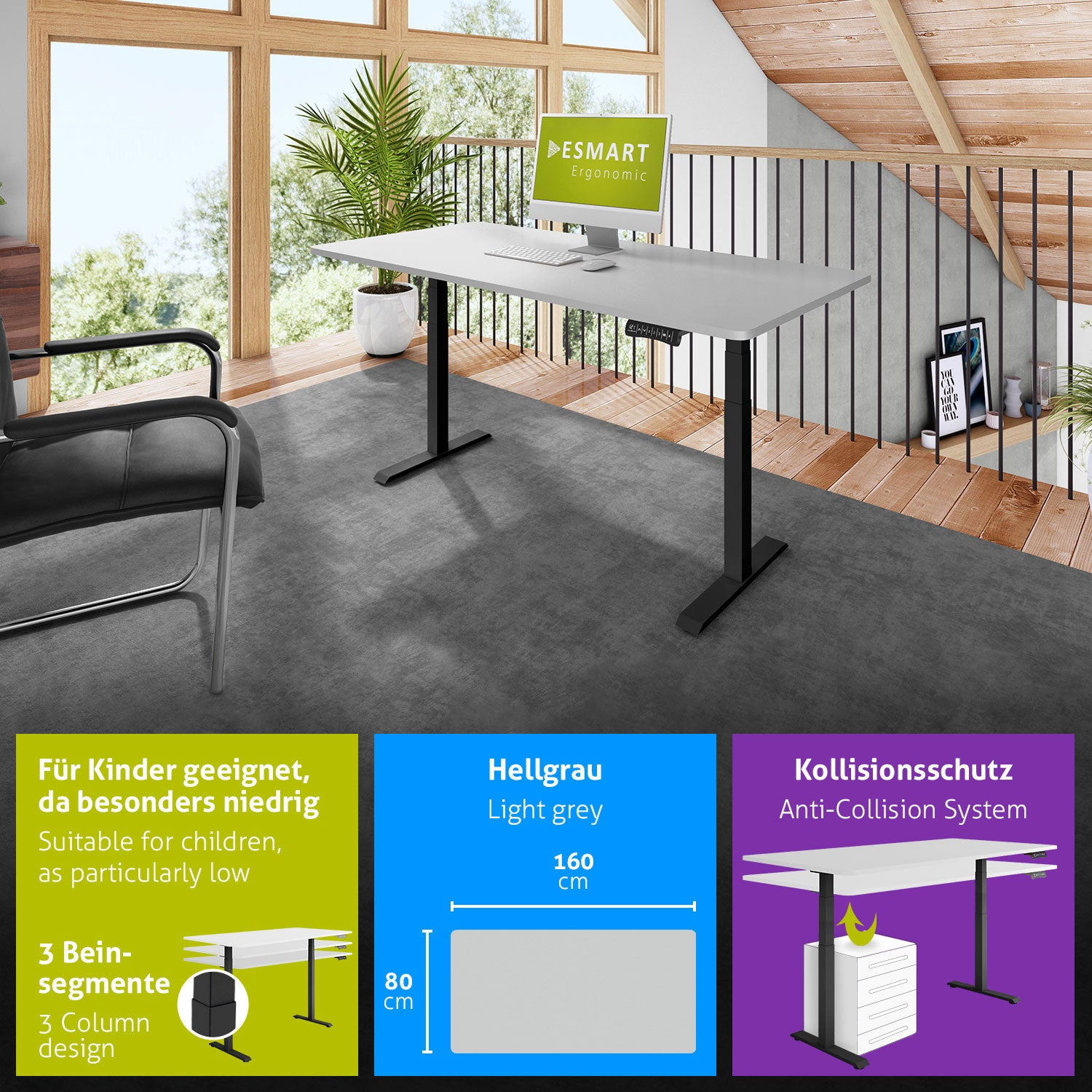 Ein moderner Bürotisch mit Computer, schwarzen Beinen und hellgrauer Oberfläche. Im Hintergrund ein Fenster und ein schwarzer Stuhl.