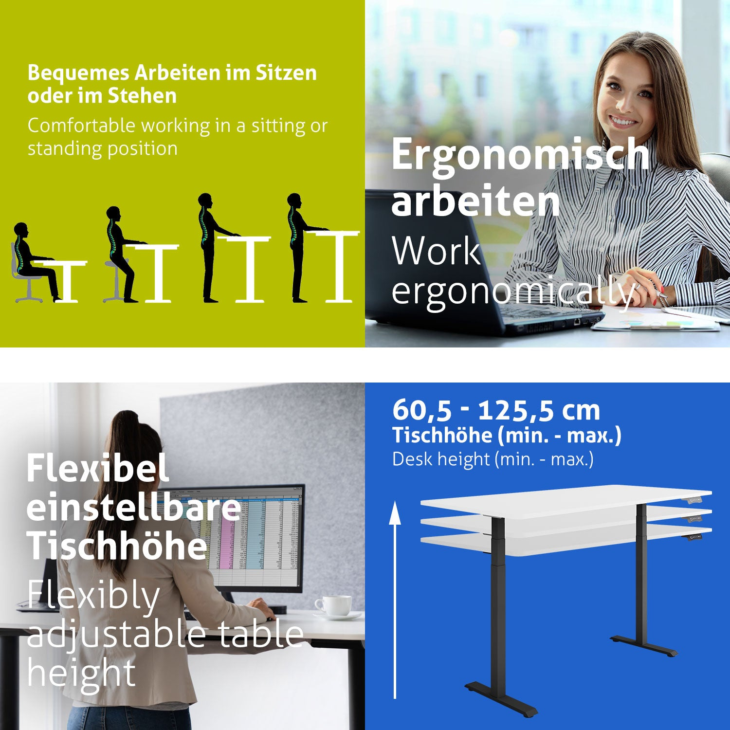 Das Bild zeigt ergonomische Bürokonfigurationen: Sitzen, Stehen und höhenverstellbare Tischhöhen. Menschen arbeiten in verschiedenen Positionen an Schreibtischen.