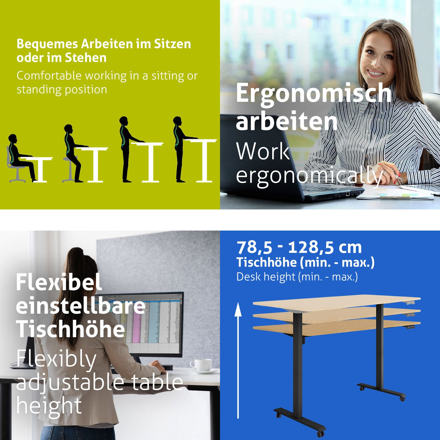 Das Bild zeigt ergonomische Arbeitsplatzkonfigurationen: Sitzen, Stehen und Höhenverstellung des Schreibtischs. Enthält Bilder von arbeitenden Personen und einem höhenverstellbaren Schreibtisch.
