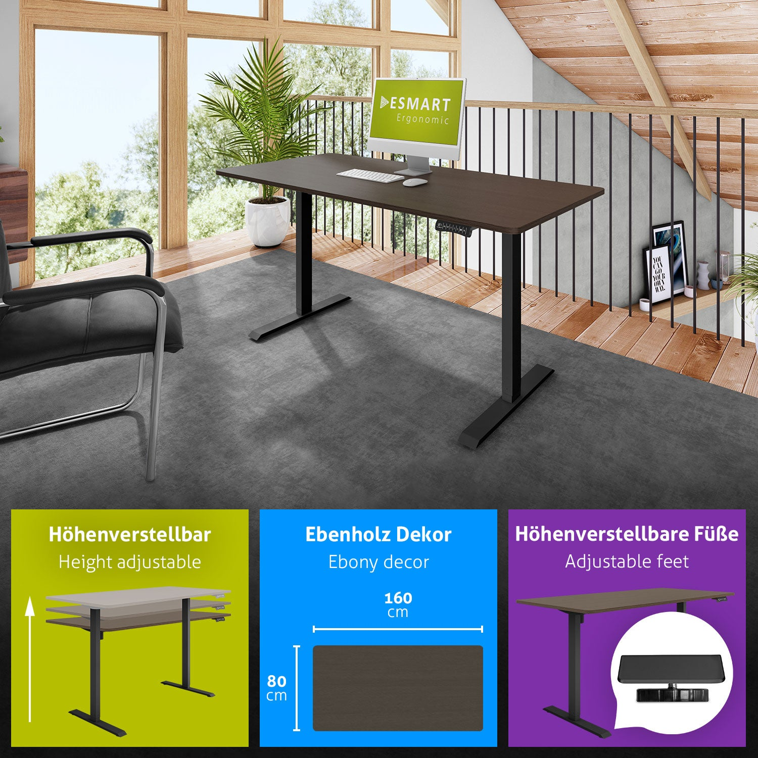 Ein höhenverstellbarer Schreibtisch mit Computer, Stuhl und Pflanze in einem hellen Raum. Infografiken zeigen Schreibtischmerkmale und Abmessungen.