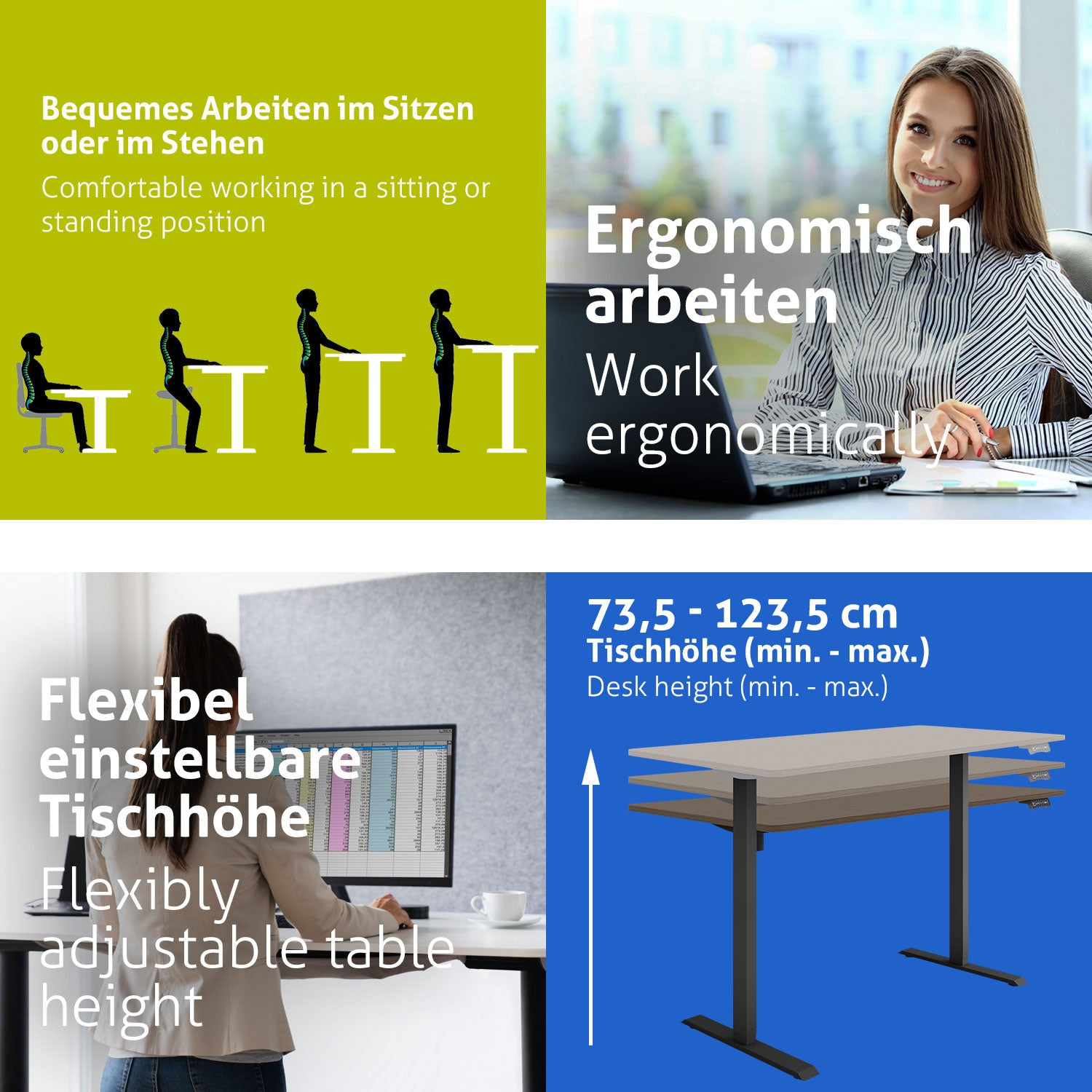 Das Bild zeigt ergonomische Büroausstattung: Sitz-/Stehoptionen, eine arbeitende Frau, ein höhenverstellbarer Schreibtisch, und Text über Flexibilität.