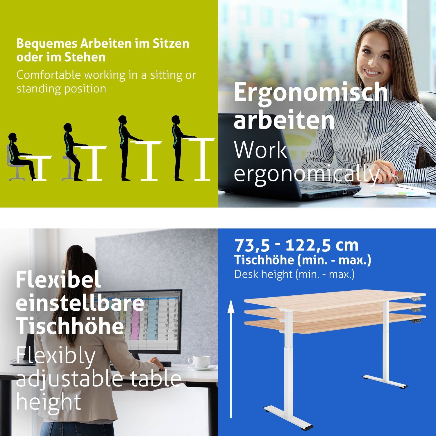 Das Bild zeigt ergonomische Arbeitsplatzoptionen. Es umfasst Illustrationen von Sitz- und Stehpositionen und einen höhenverstellbaren Schreibtisch.