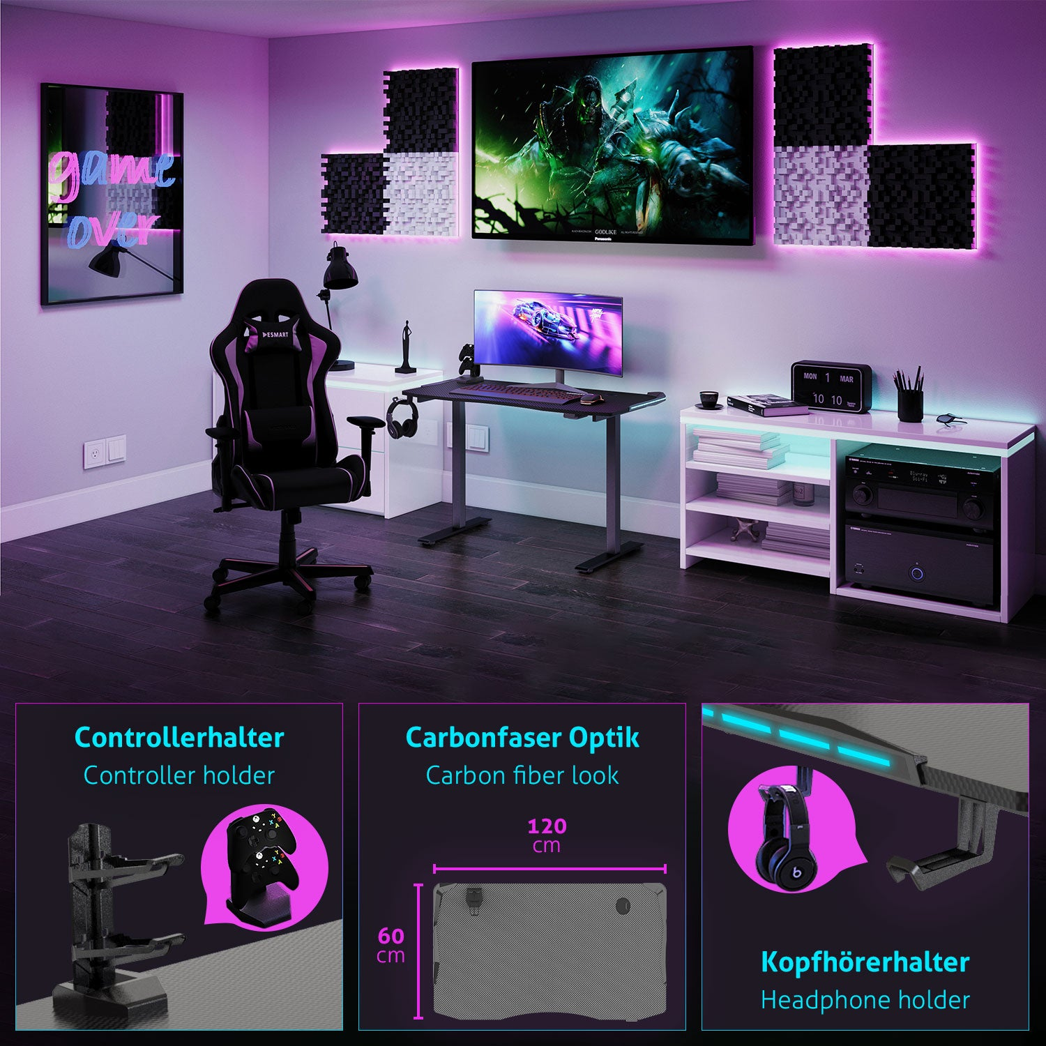 Ein Spielzimmer mit Schreibtisch, Stuhl und Bildschirm. Zubehör umfasst Controller- und Kopfhörerhalter, mit Carbonfaser-Optik.