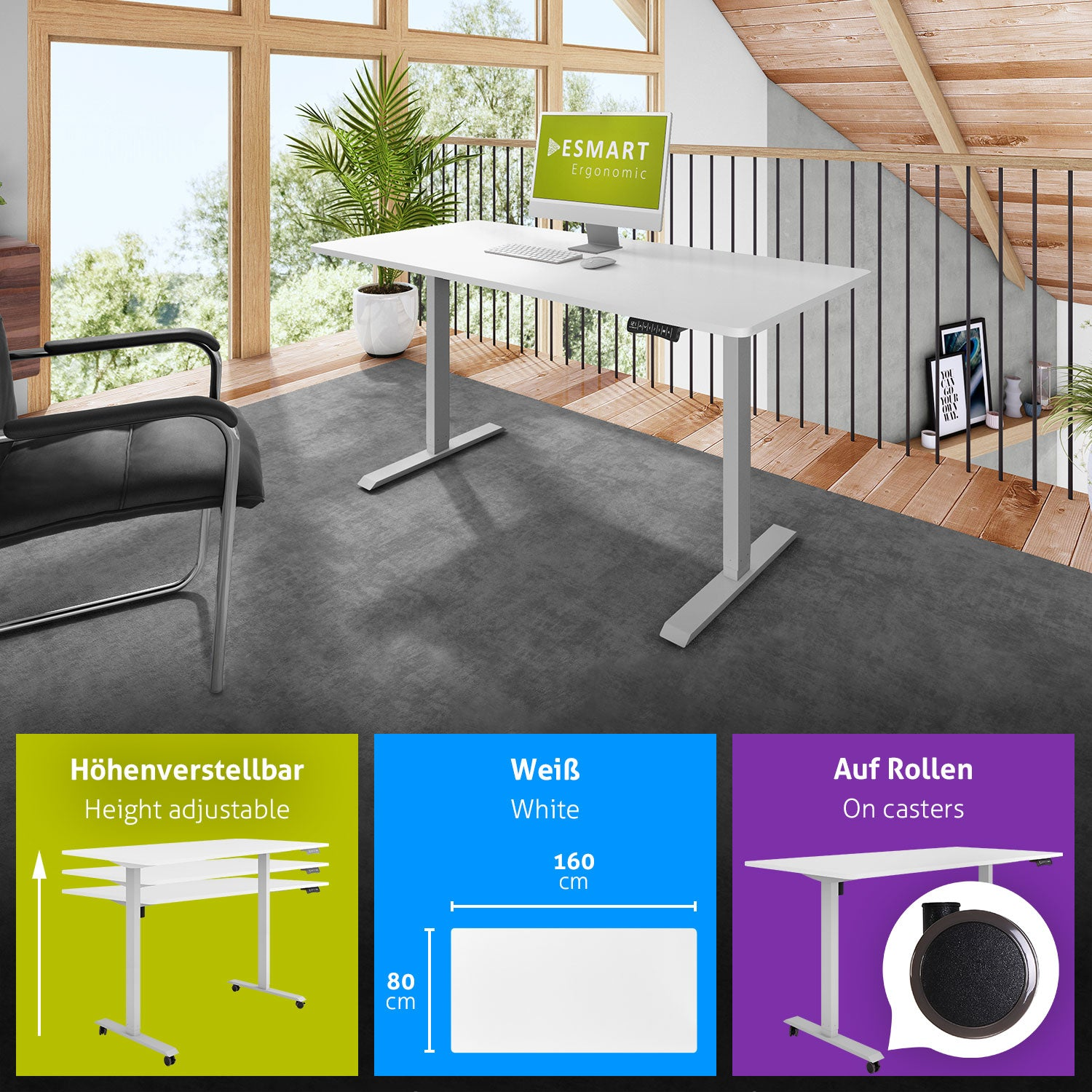 Ein weißer ergonomischer Schreibtisch mit Computer, in der Nähe eines Fensters mit einer Pflanze. Der Schreibtisch ist höhenverstellbar.