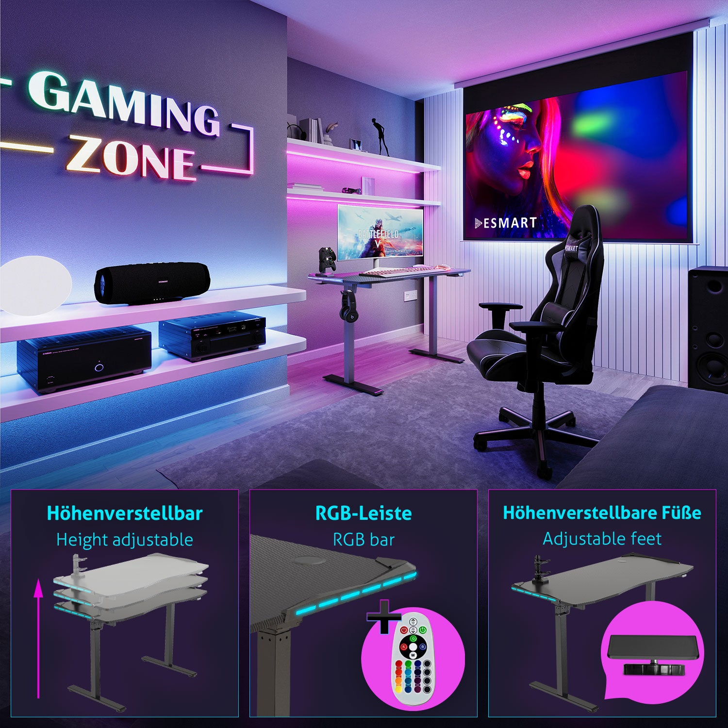 Gaming-Zone mit Schreibtisch, Stuhl und Projektorleinwand. RGB-Lichter und verstellbare Schreibtischmerkmale werden hervorgehoben.