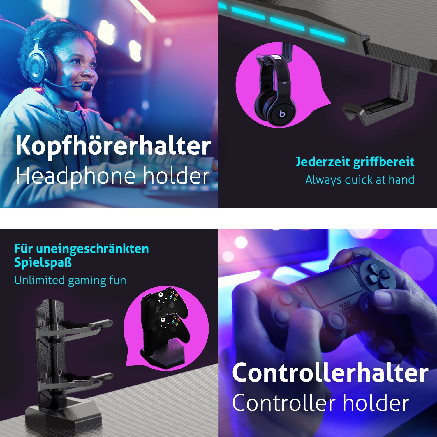 Das Bild zeigt einen Spieler mit Headset, Kopfhörerhalter, Controllerhalter und Controllern. Der Text lautet 'Unbegrenzter Spielspaß'.