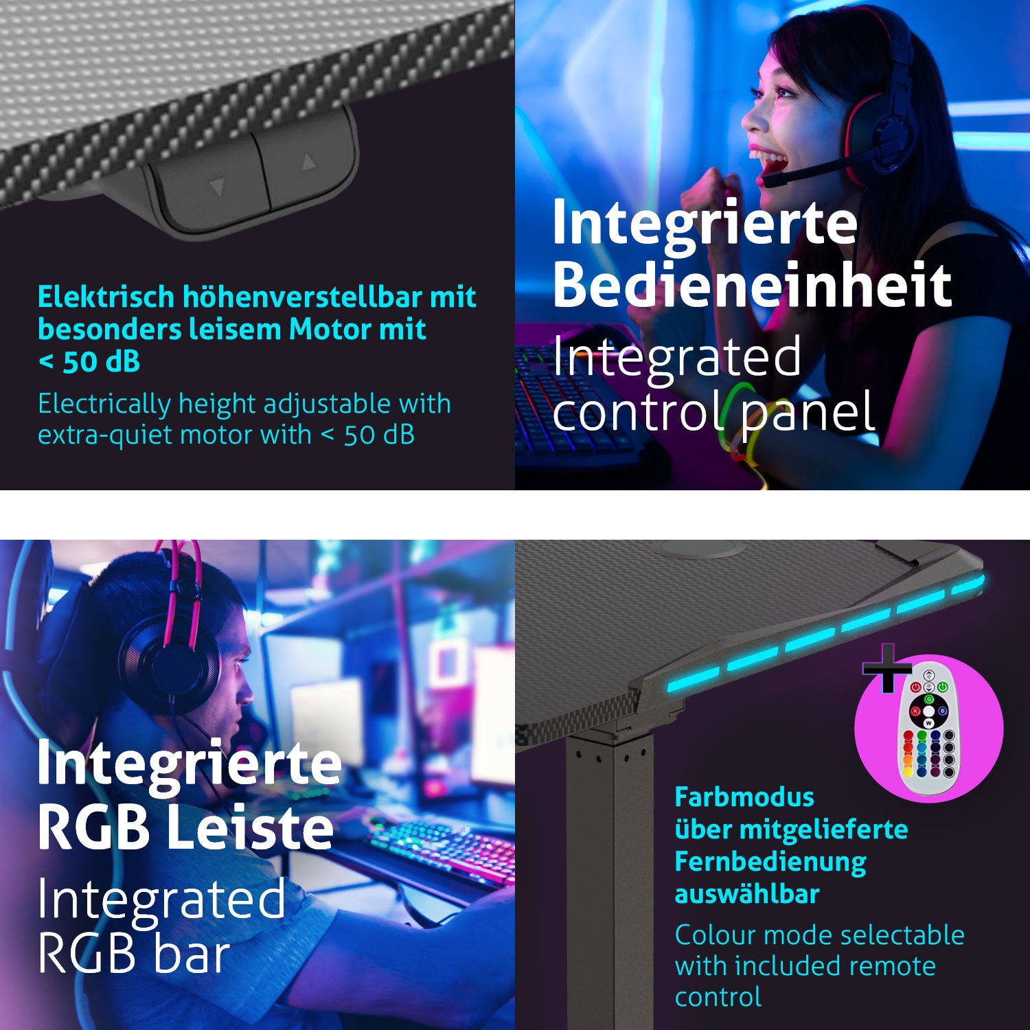 Gaming-Schreibtisch mit integriertem RGB und Bedienfeld. Merkmale: Höhenverstellung und Fernbedienung für Farbmodi.