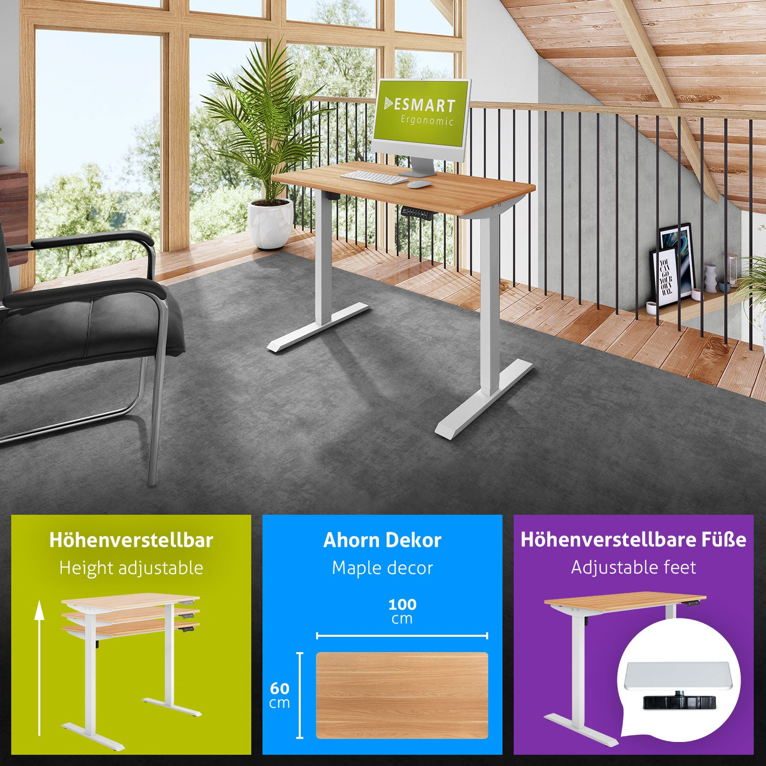 Ein höhenverstellbarer Holzschreibtisch steht in einem Raum. Im Hintergrund sind ein Fenster und eine Pflanze. Unten sind drei Infografiken.
