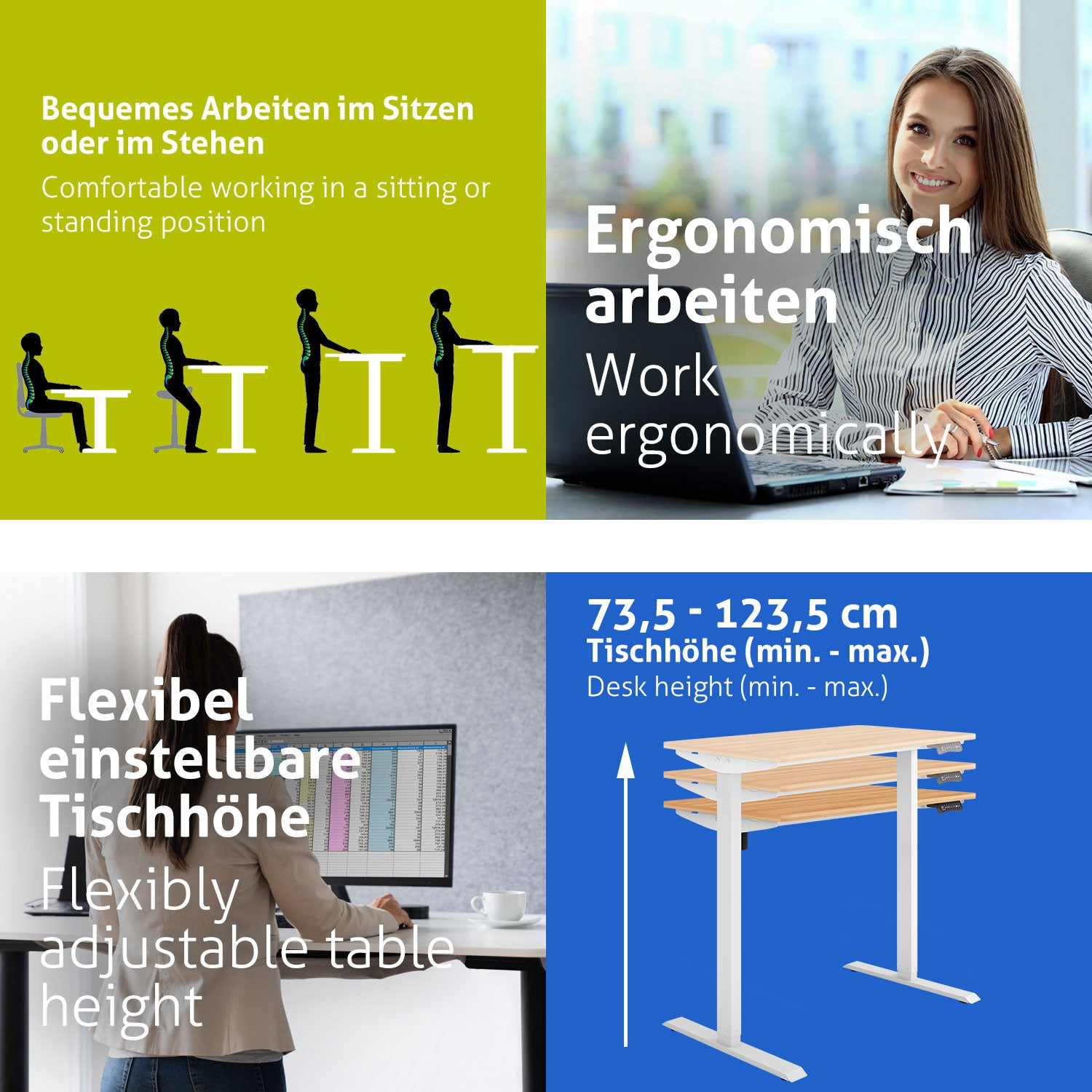 Das Bild zeigt ergonomische Arbeitskonzepte: Sitzen/Stehen, eine arbeitende Frau, einen verstellbaren Schreibtisch und die Schreibtischhöhe.
