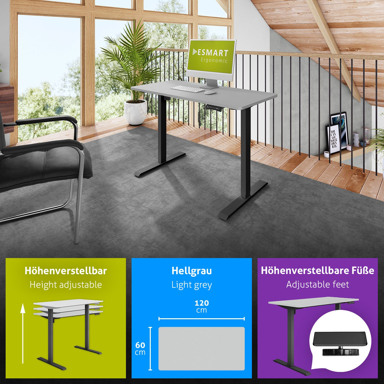 Ein höhenverstellbarer grauer Schreibtisch mit Computer steht in einem Raum. Ein Stuhl steht auf einem grauen Teppich. Blaue und lila Details unten.