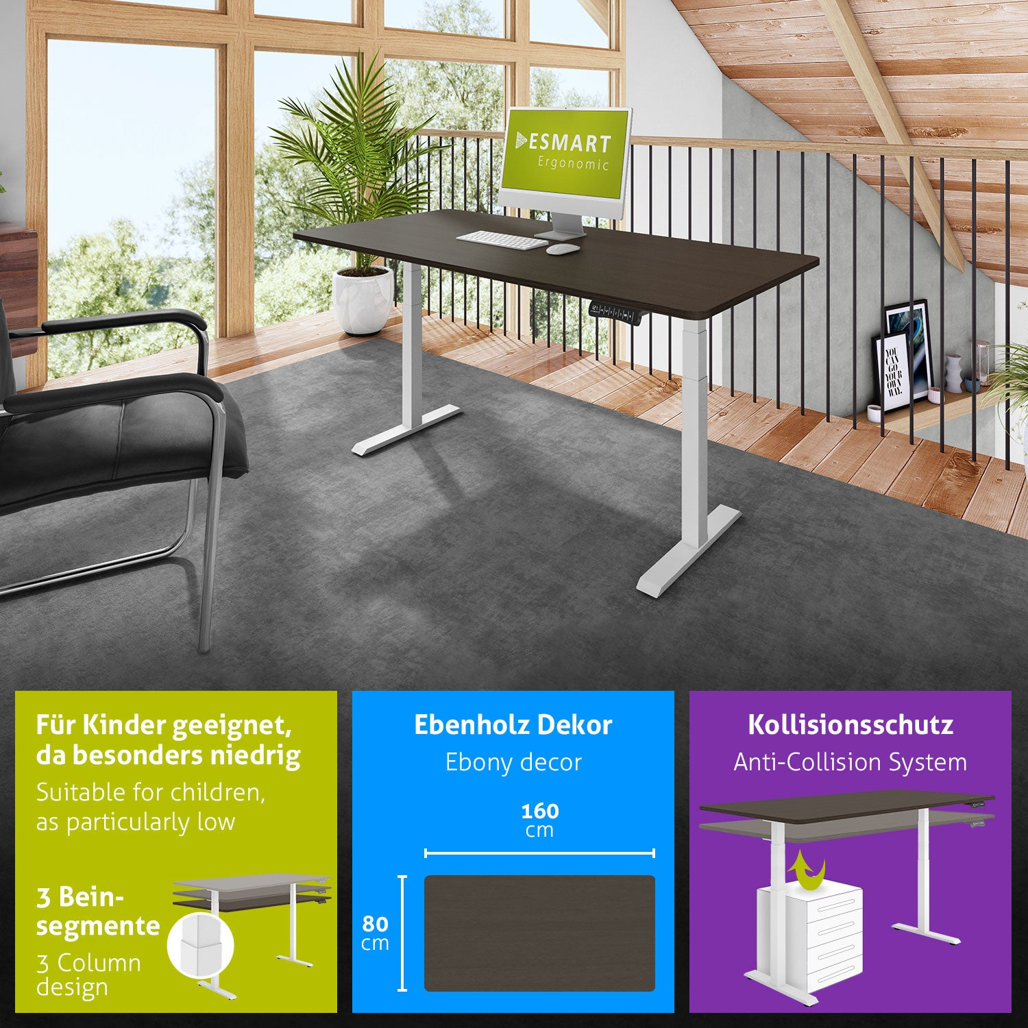 Ein Büro mit höhenverstellbarem Schreibtisch, Stuhl und Computer. Im Hintergrund befinden sich eine Pflanze und ein Fenster.
