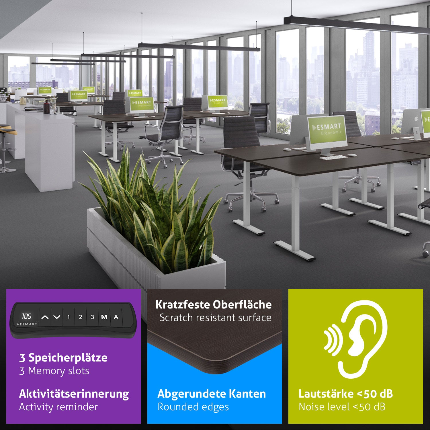 Ein Büro mit Schreibtischen, Stühlen und Pflanzen. Monitore zeigen das ESmart-Logo. Details umfassen ein Bedienfeld, kratzfeste Oberfläche und Geräuschpegel.