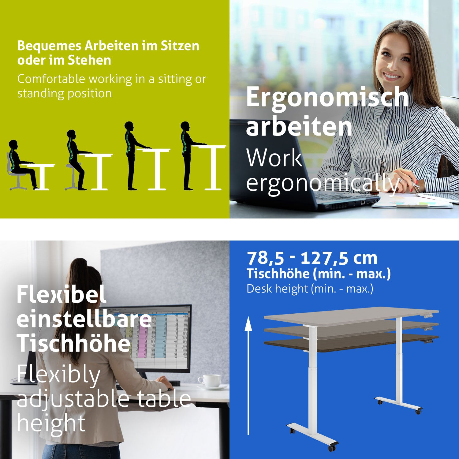 Das Bild zeigt ergonomische Arbeitsplätze. Es zeigt eine lächelnde Frau, Silhouetten von Personen und einen höhenverstellbaren Schreibtisch.