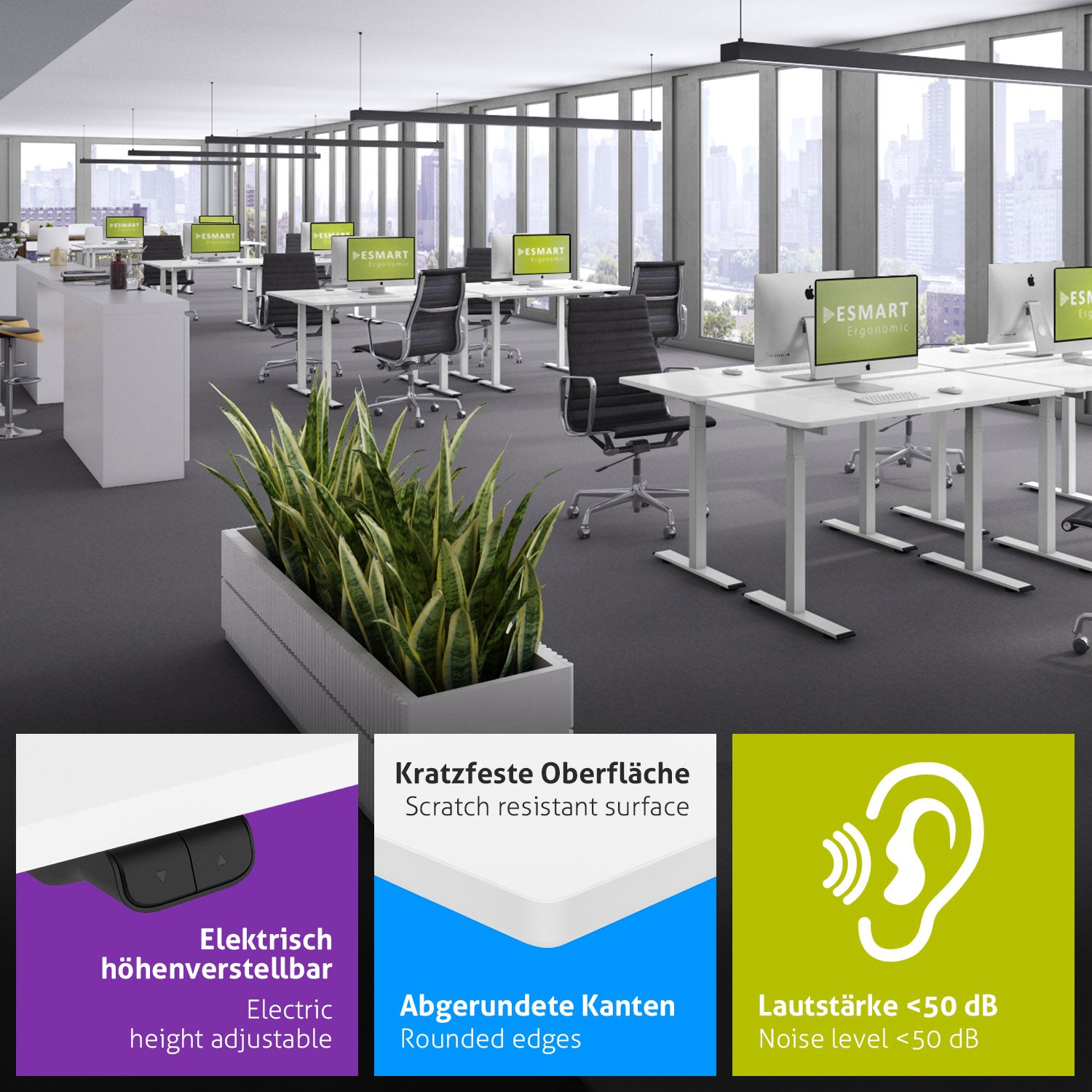 Ein Büro mit Schreibtischen, Stühlen, Computern und Pflanzen. Text weist auf Funktionen wie Höhenverstellung und Geräuschpegel hin.