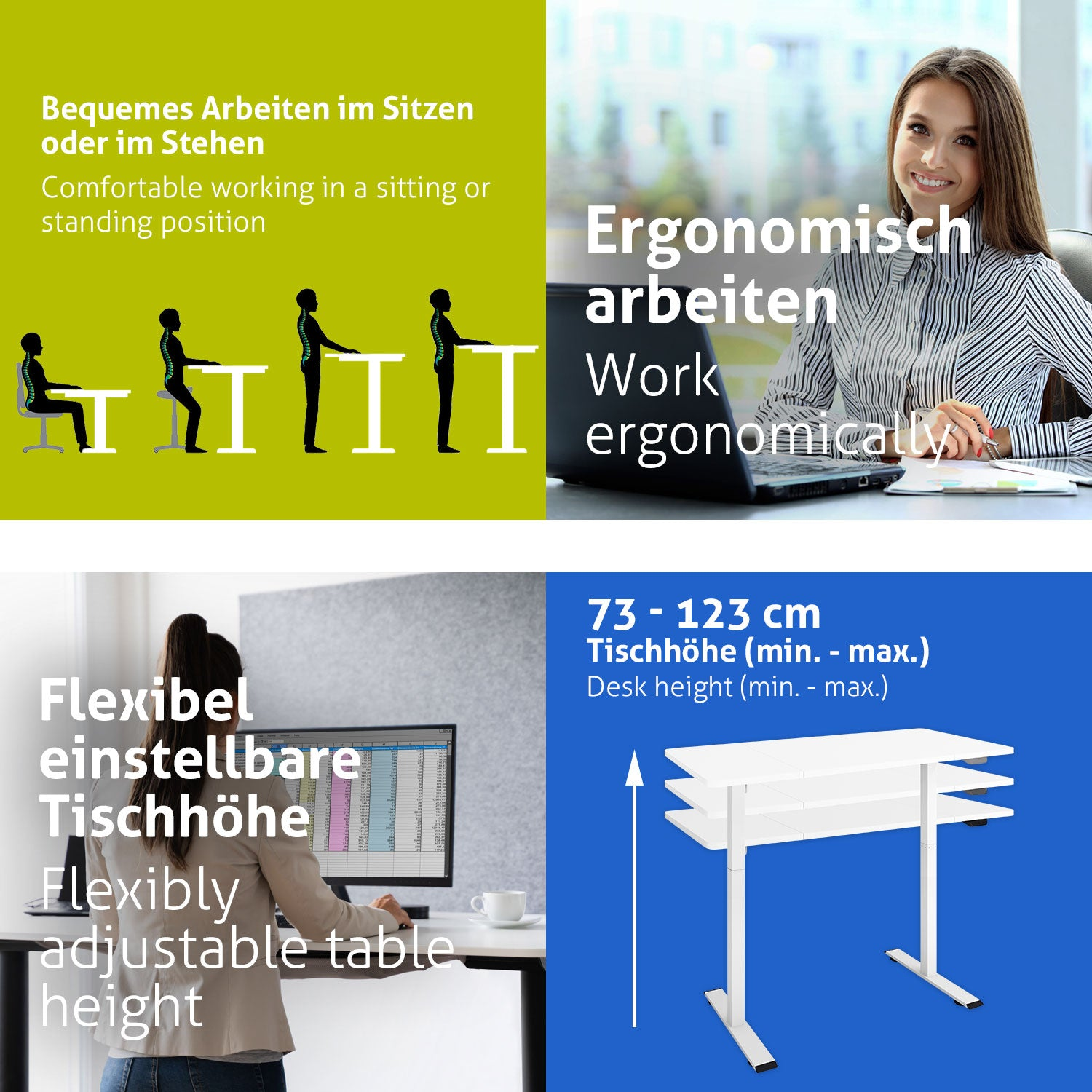 Das Bild zeigt ergonomische Bürokonzepte: Sitzen/Stehen, eine Frau am Laptop, eine Frau am Monitor und einen höhenverstellbaren Schreibtisch.