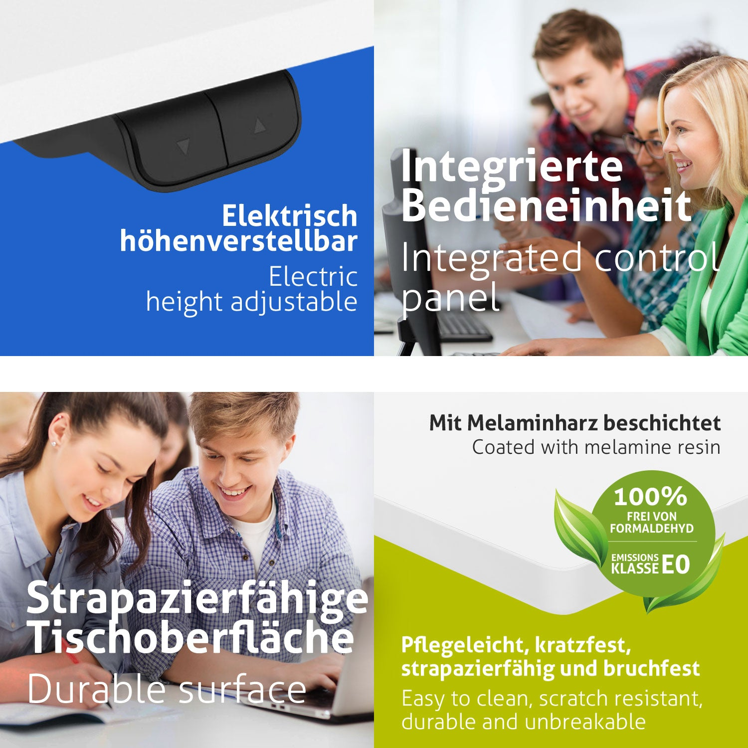 Das Bild zeigt Schreibtischmerkmale: Höhenverstellbarkeit, integriertes Bedienfeld, strapazierfähige Oberfläche, Melaminharzbeschichtung.