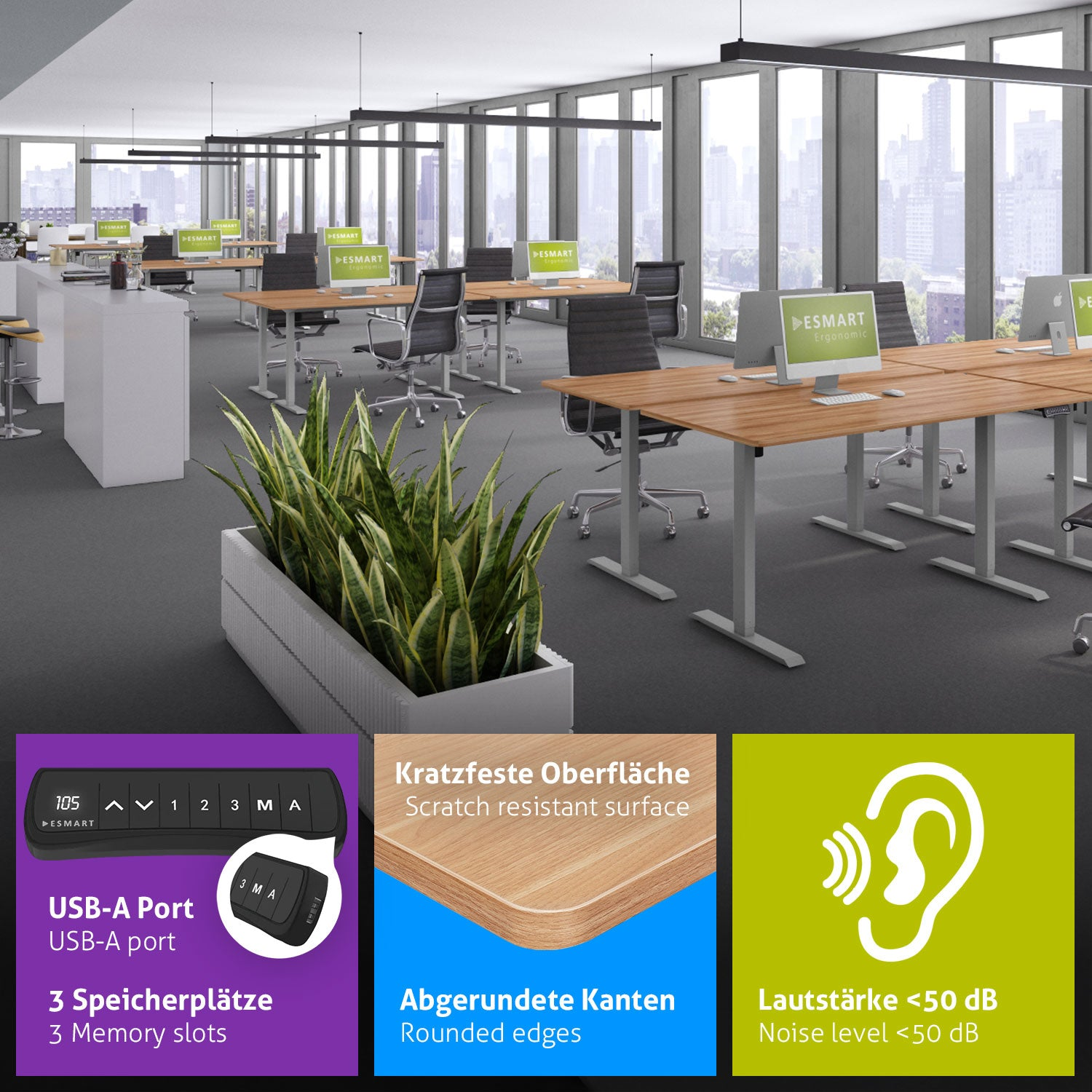 Büro mit Schreibtischen, Computern und Pflanzen. Details zeigen USB-Anschluss, abgerundete Kanten und Geräuschpegel unter 50 dB.