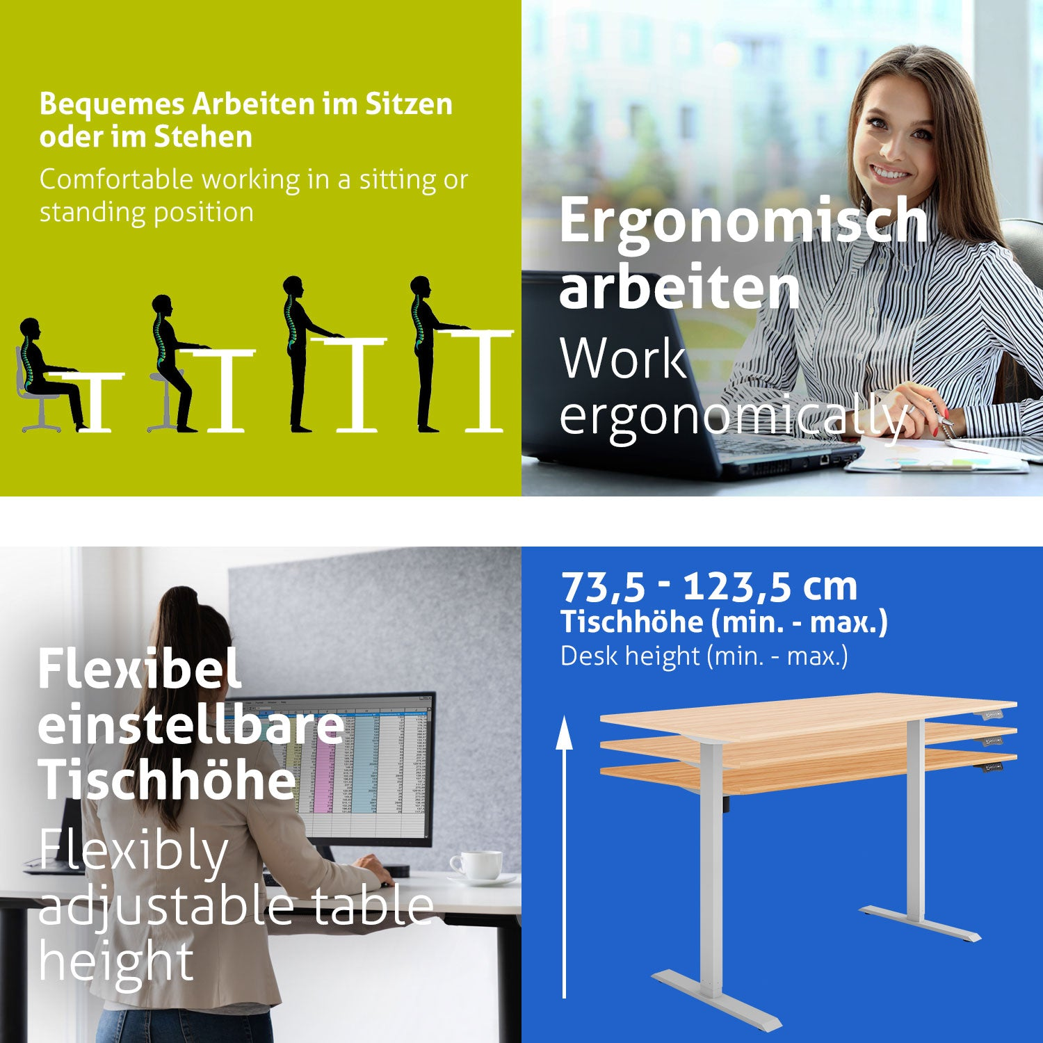 Das Bild zeigt ergonomische Arbeitsplatzillustrationen: Sitz-/Stehoptionen, eine arbeitende Frau, einen höhenverstellbaren Schreibtisch und Text.