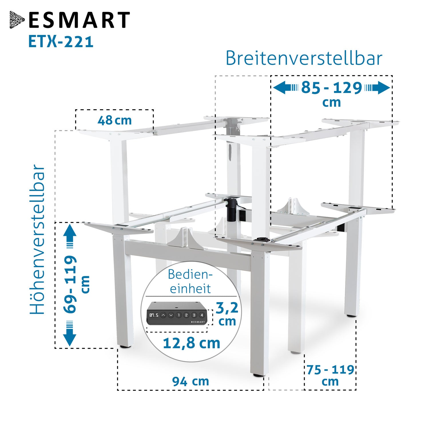 Ein weißes, verstellbares Schreibtischgestell mit Abmessungen. Etiketten umfassen Höhe, Breite und Details der Steuereinheit.