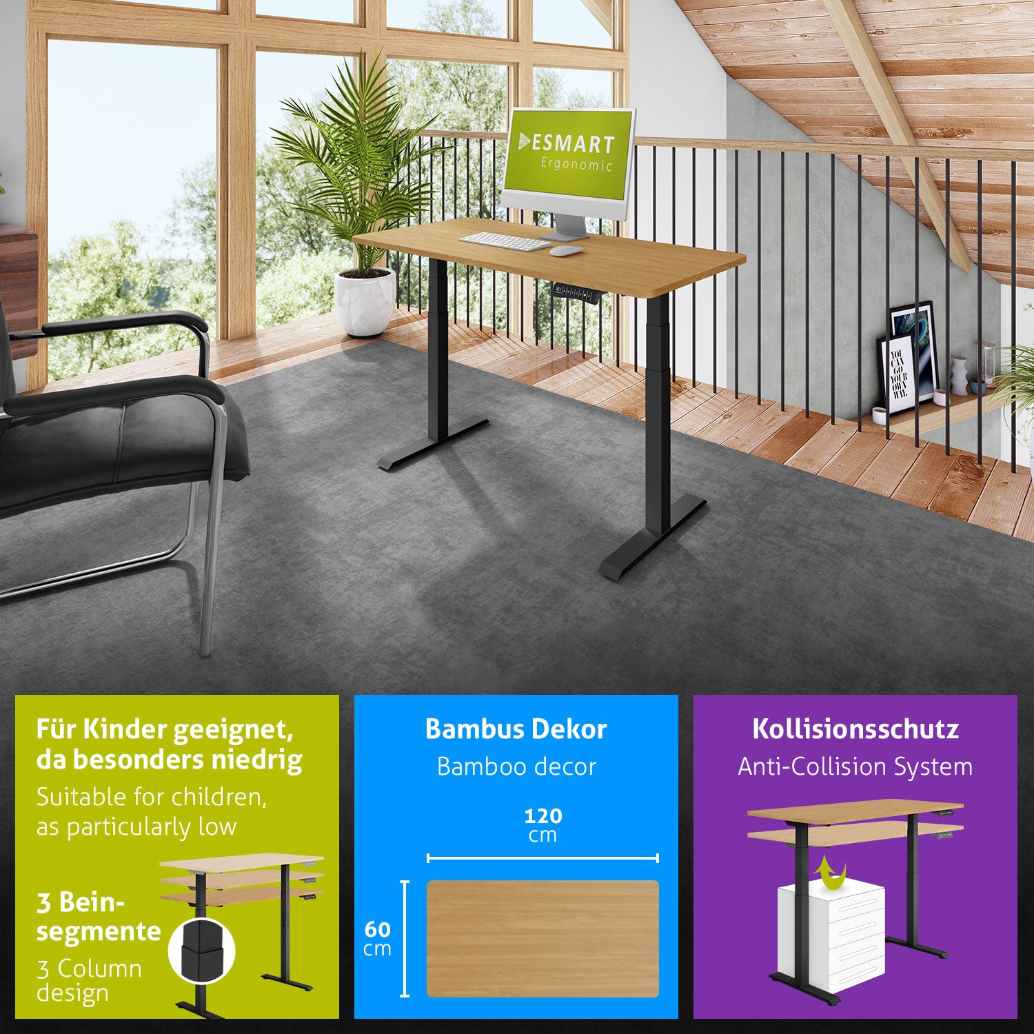 Ein Holzschreibtisch mit Computer steht in einem Raum mit Fenster und Pflanze. Es gibt auch Infografiken.