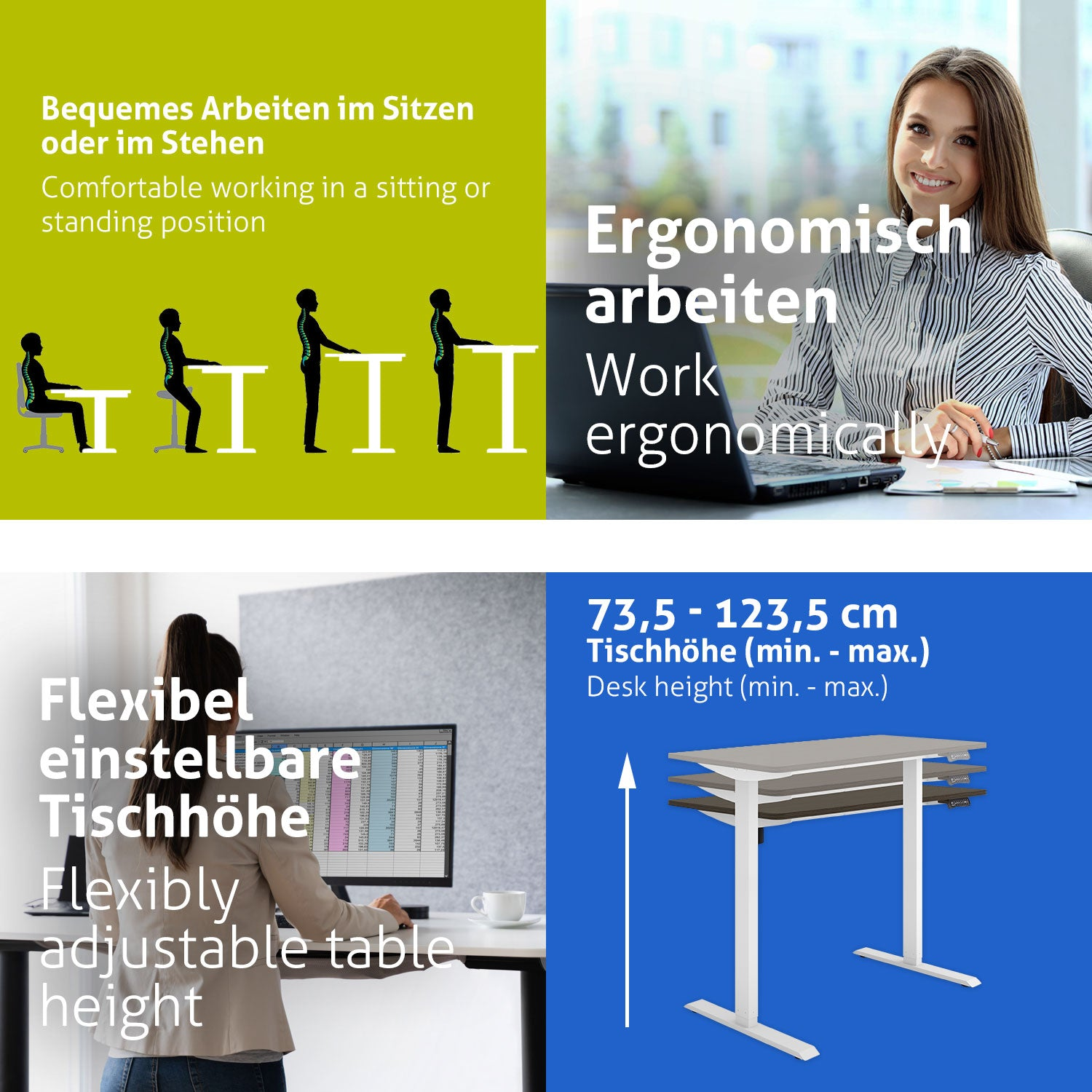 Das Bild zeigt ergonomische Büroausstattung: Optionen für Sitzen, Stehen und höhenverstellbaren Tisch. Eine Frau arbeitet am Computer.