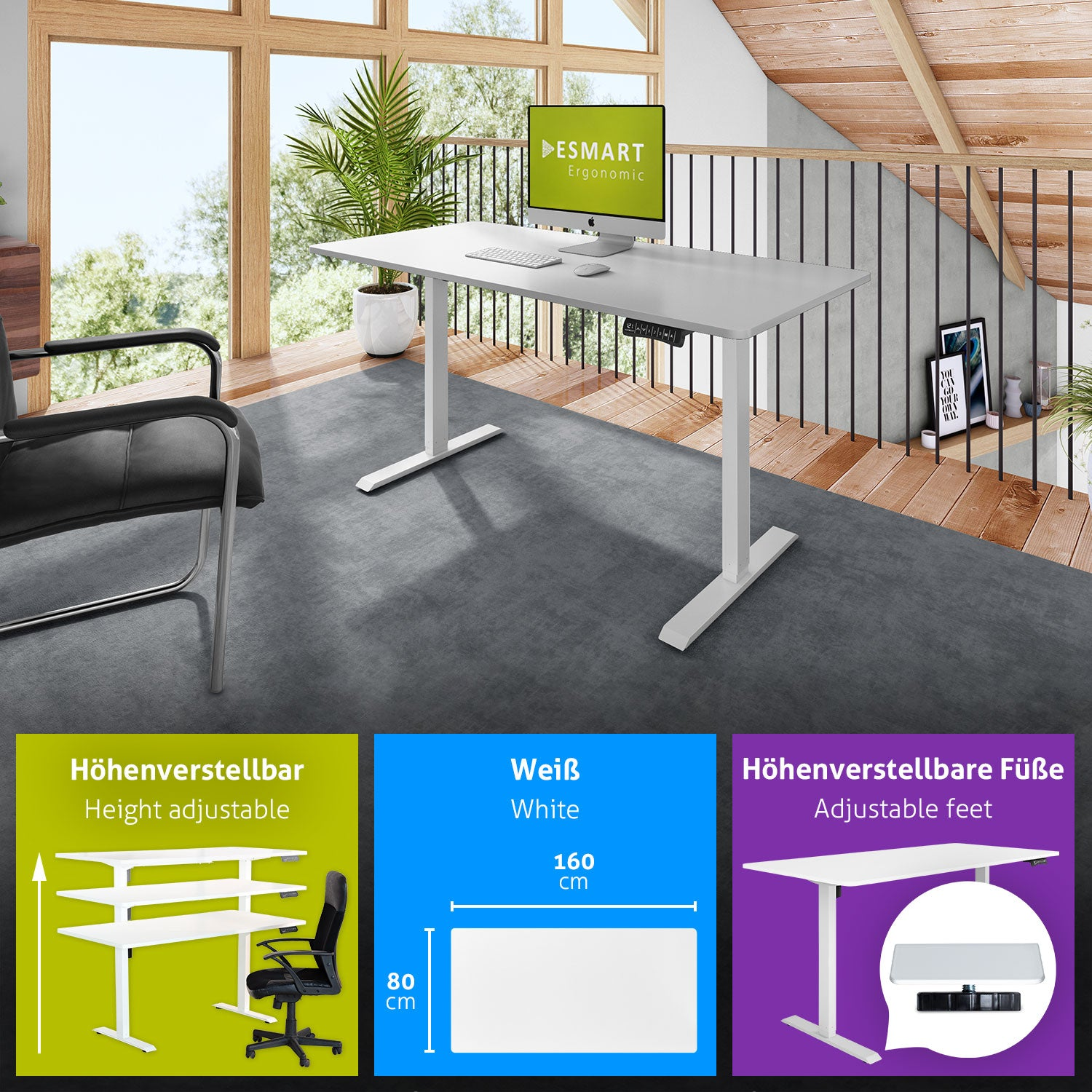 Ein weißer, höhenverstellbarer Schreibtisch mit Computer, umgeben von einem schwarzen Stuhl und Fenstern. Diagramme zeigen Abmessungen und Funktionen.