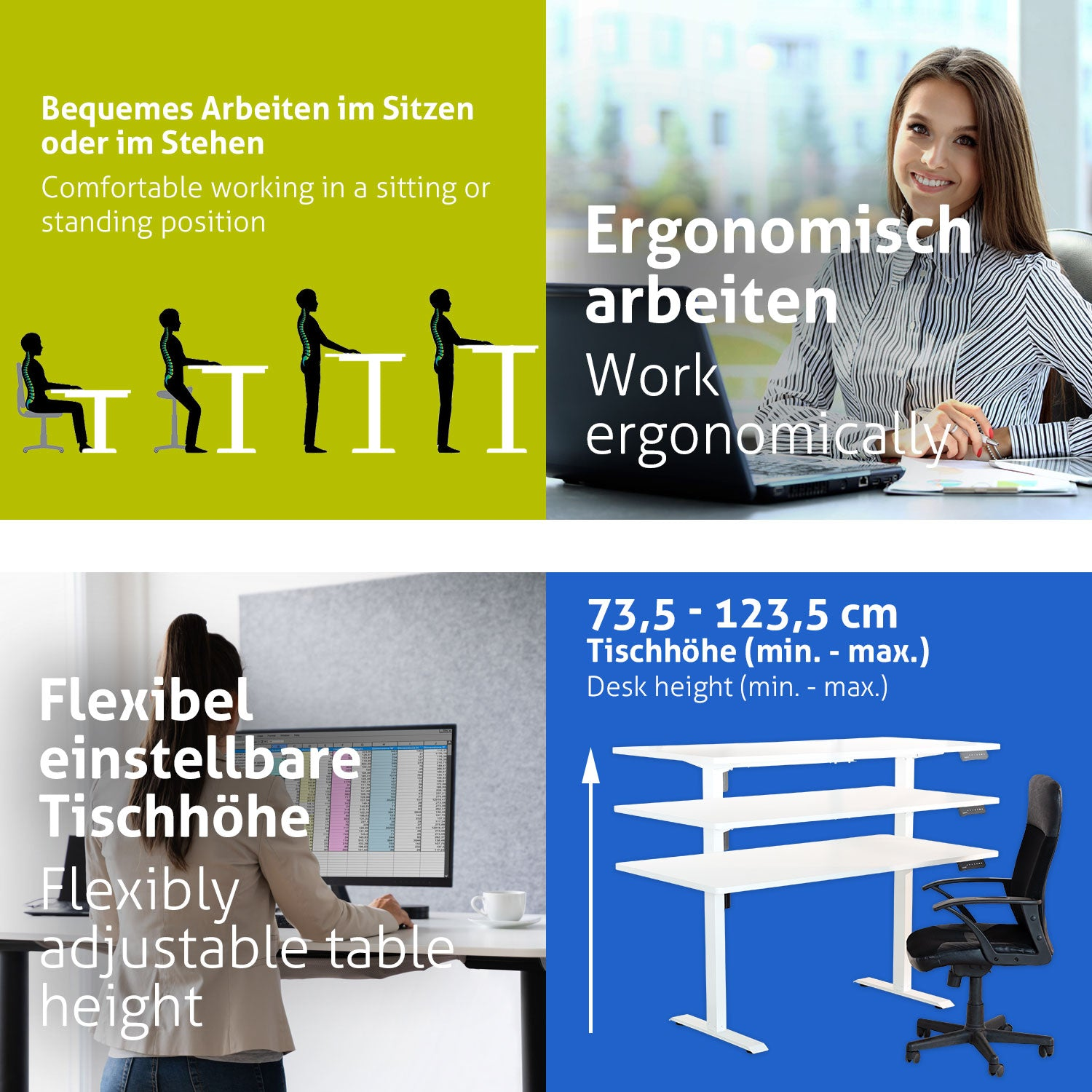 Das Bild zeigt ein ergonomisches Büro: Menschen arbeiten, höhenverstellbarer Schreibtisch und Text über Sitz-/Steharbeit und Tischhöhe.