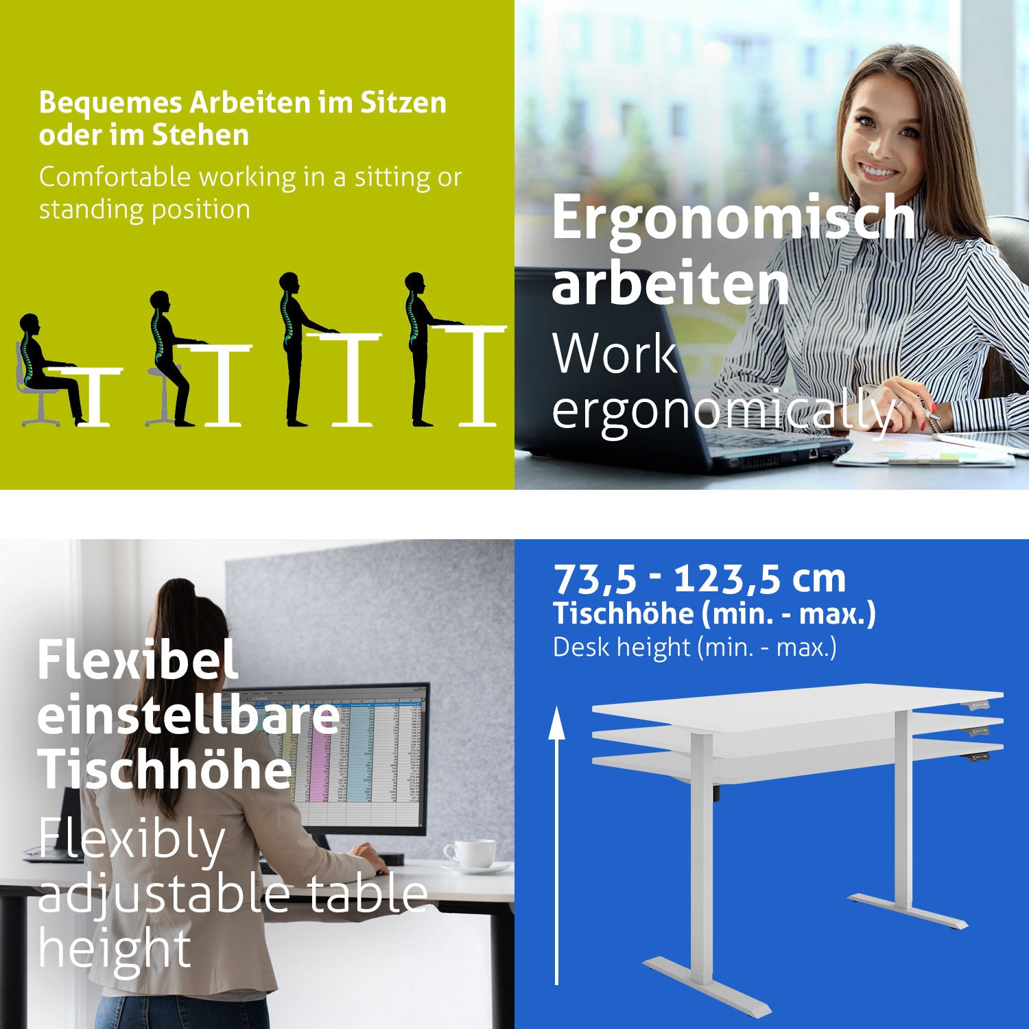 Das Bild zeigt ergonomisches Arbeiten. Es enthält Texte über Sitzen/Stehen, eine arbeitende Frau, höhenverstellbaren Tisch und ein Tischdiagramm.