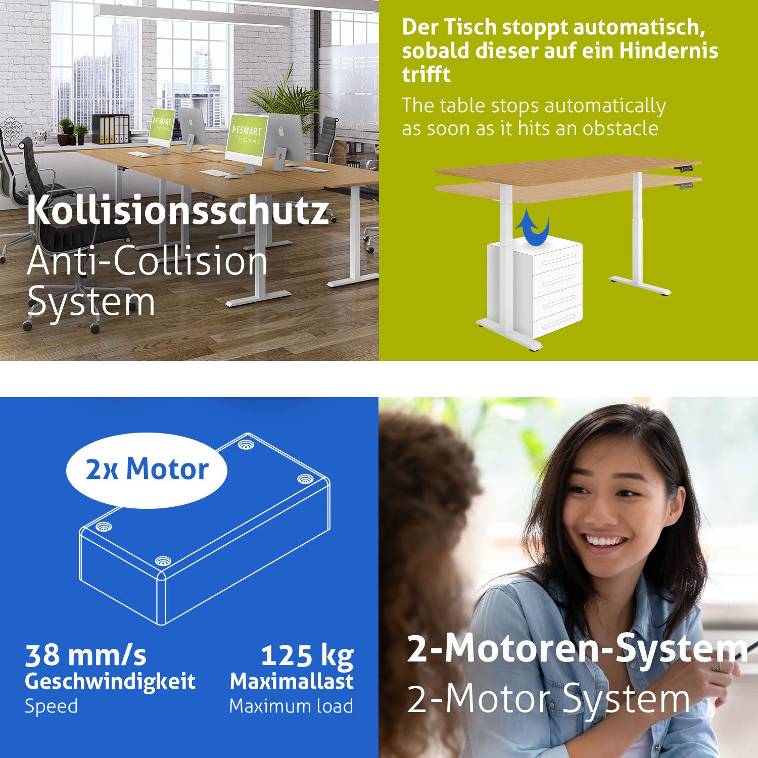 Das Bild zeigt einen Bürotisch mit Kollisionsschutz, 2 Motoren und eine lächelnde Frau. Text gibt Geschwindigkeit und maximale Belastung an.