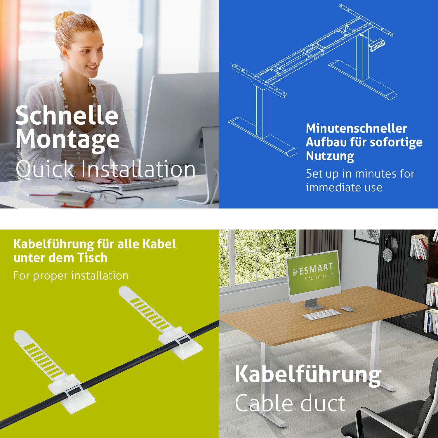 Das Bild zeigt ein Büro-Setup mit einer Frau, einem Schreibtisch mit Computer und Diagrammen zur Kabelführung und Schreibtischkonstruktion.