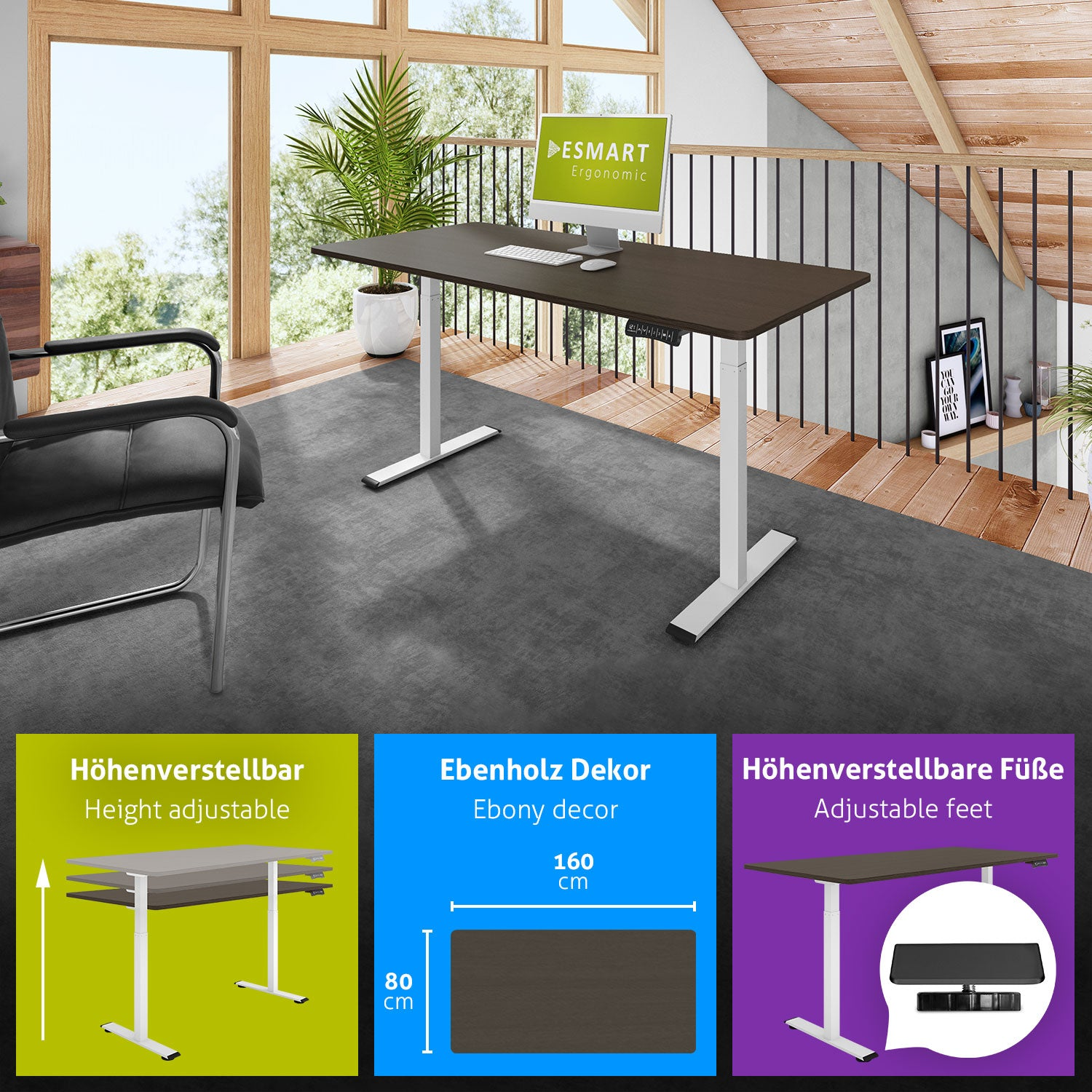 Ein höhenverstellbarer Ebenholzschreibtisch mit Computer in einem Raum mit Fenster und Stuhl. Infografiken zeigen Abmessungen.
